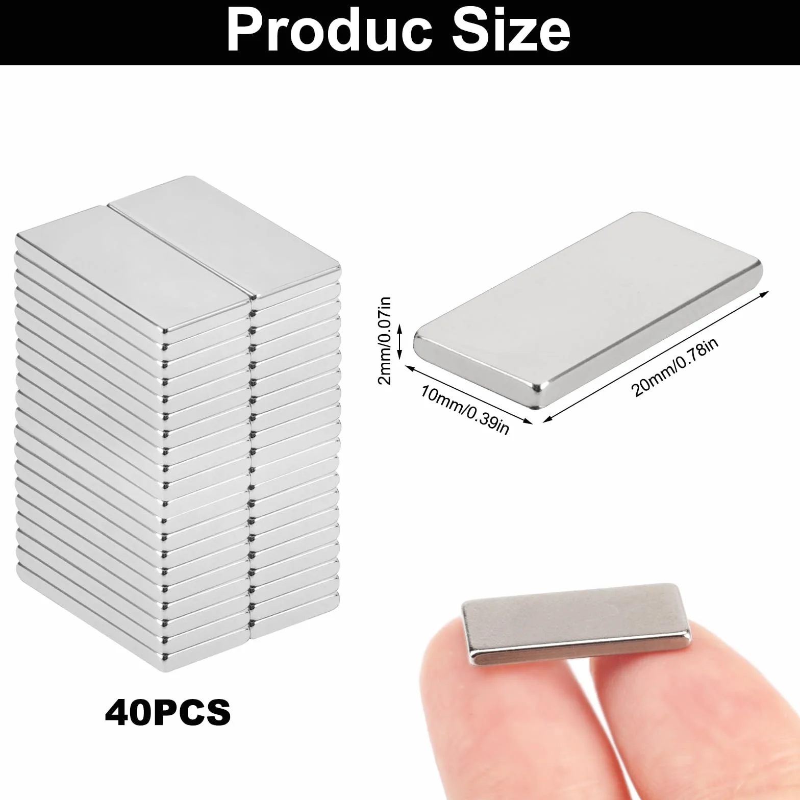 Magnesy neodymowe prostokątne 20 x 10 x 2 mm, mocne płaskie, 40 sztuk