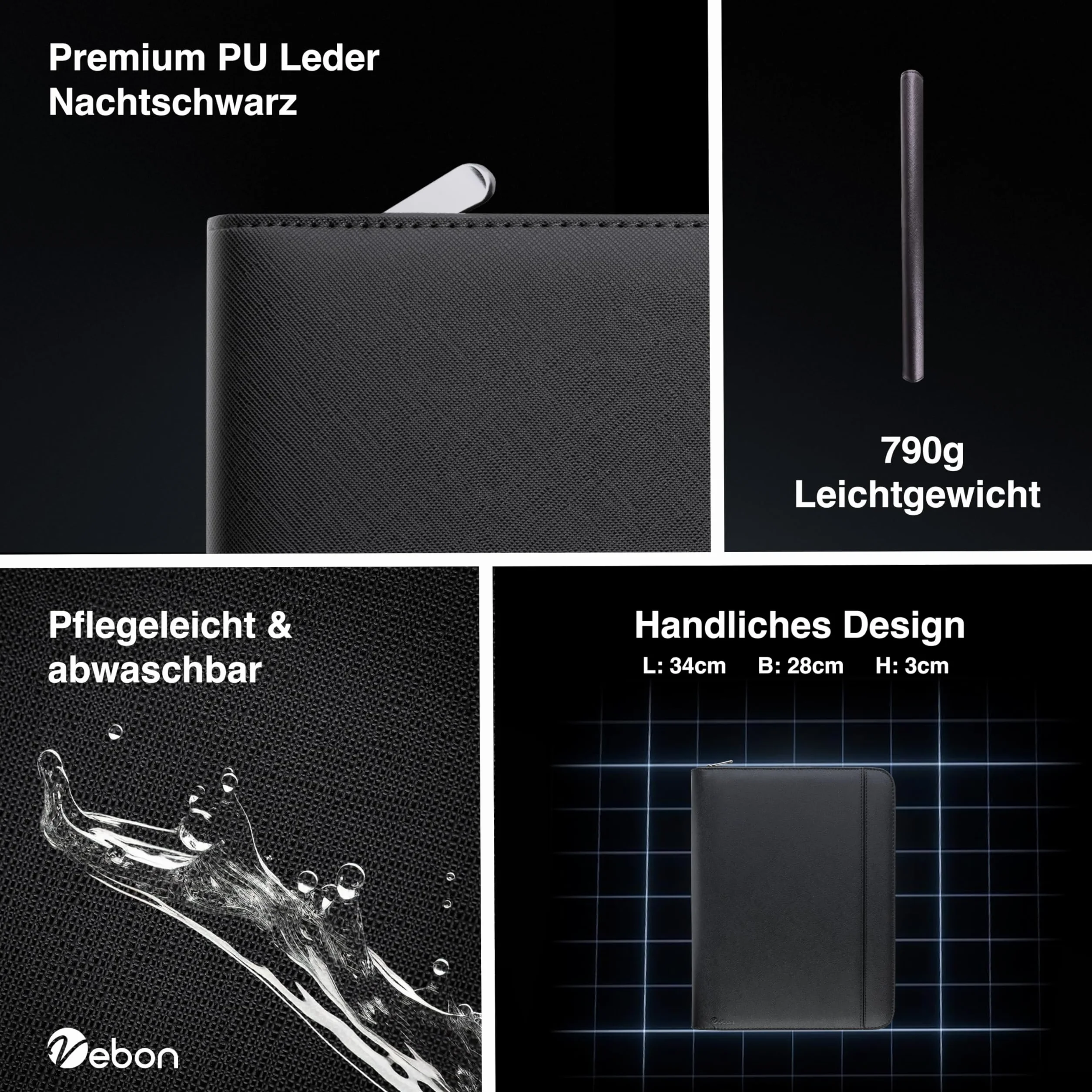 Vebon London Teczka konferencyjna formatu A4, z wegańskiej skóry, z zamkiem błyskawicznym, jako teczka na dokumenty i torba na laptop 2 w 1, z uchwytem na smartfon i podkładką z klipsem, czarny,