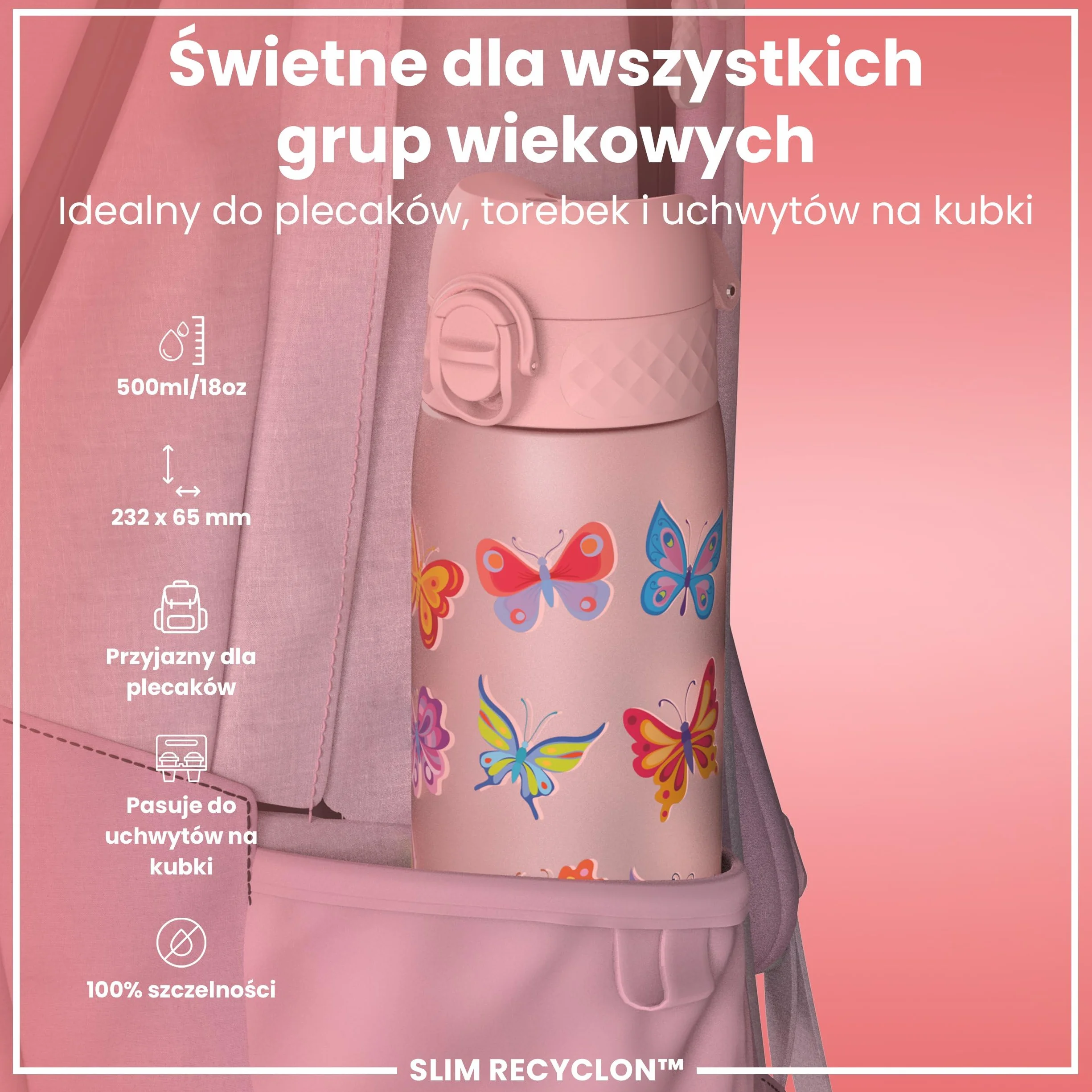 ION8 Butelka na Wodę, 500 ml/18 oz, Szczelna, Łatwe Otwieranie, Bezpieczny Zamek, Można Myć w Zmywarce, Bez BPA, Higieniczne Pokrycie, Uchwyt do Przenoszenia, Łatwa Czyszczenie, Bezwonny, Motyle