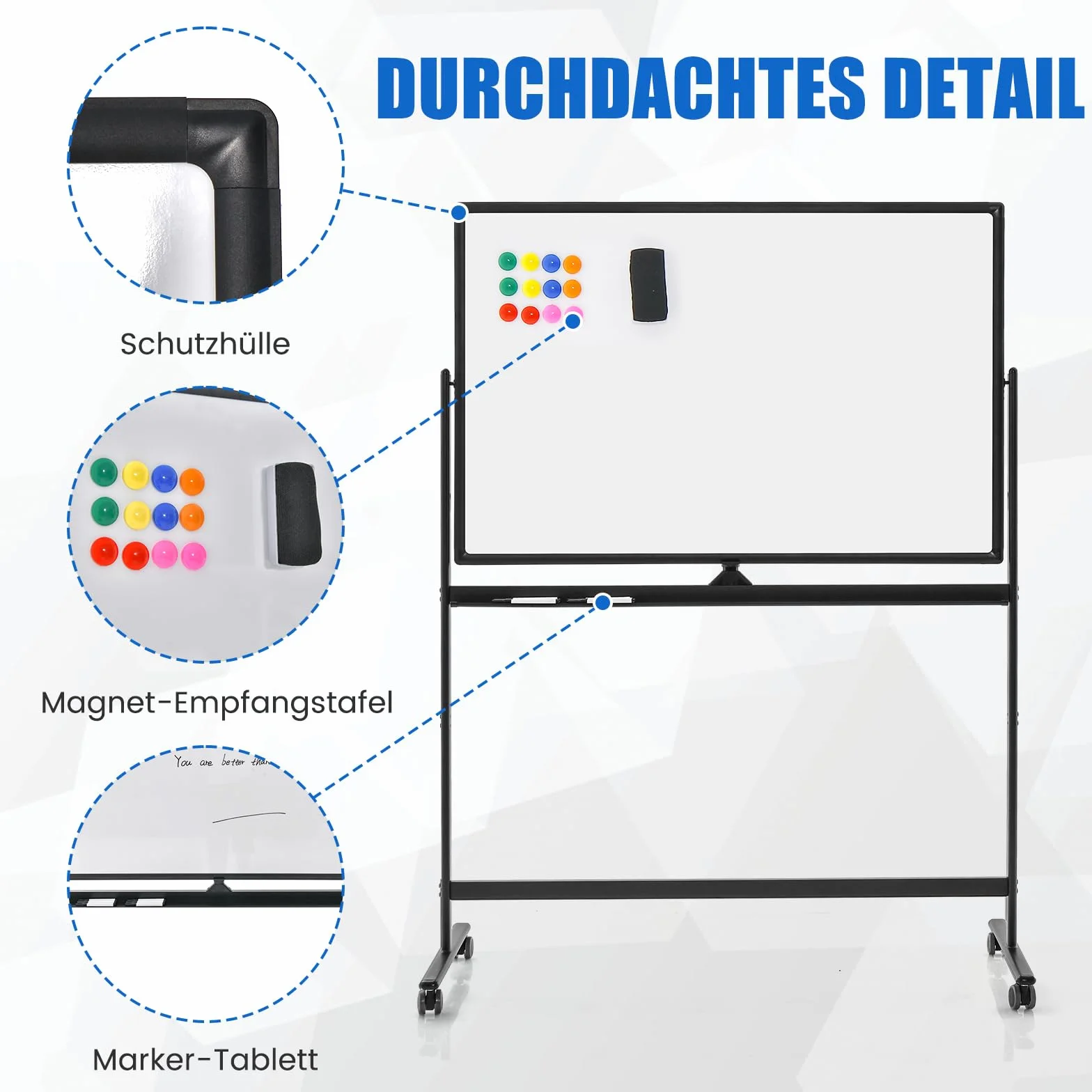 COSTWAY Dwustronna tablica suchościeralna magnetyczna 120 x 80 cm z kółkami i stojakiem