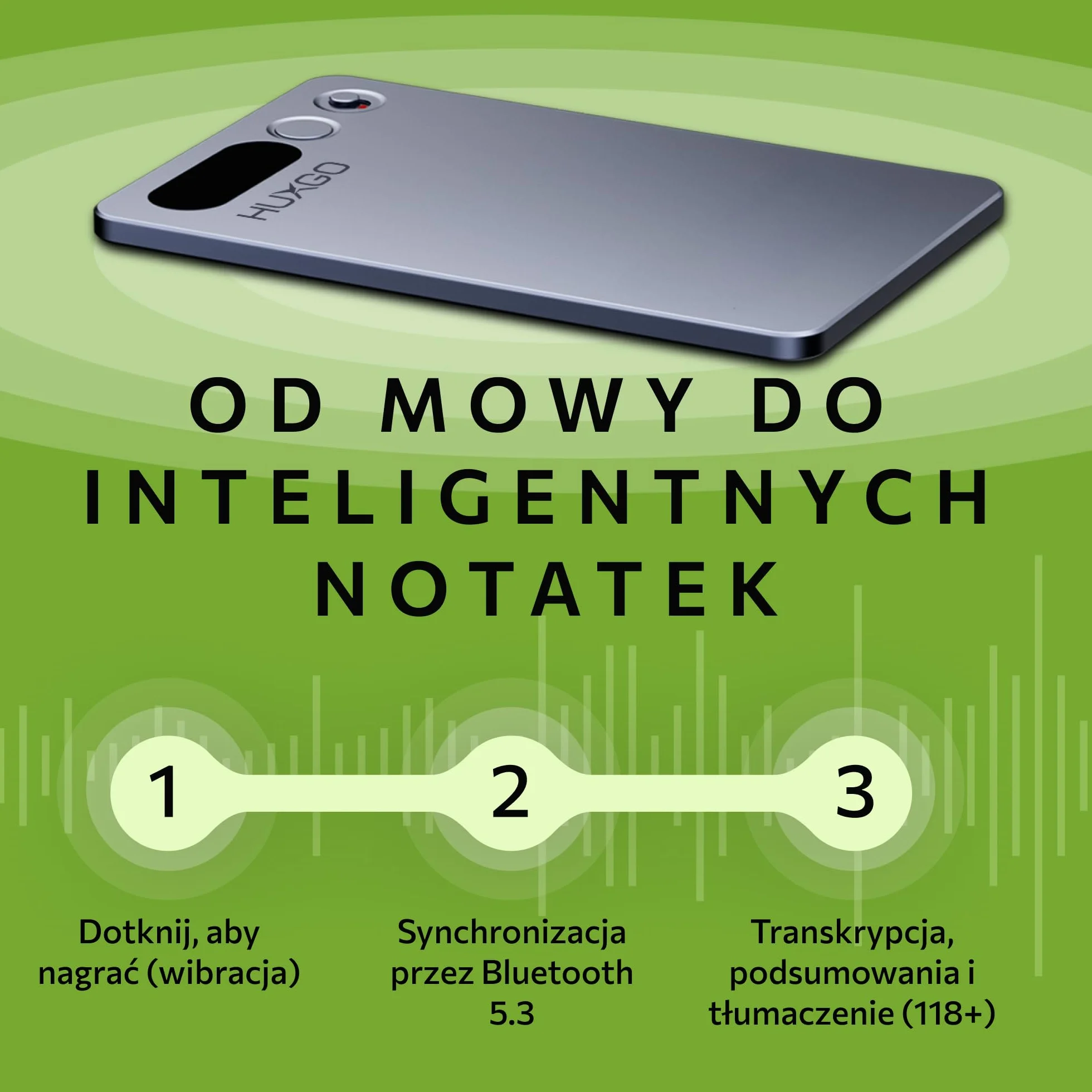 Dyktafon Cyfrowy AI 64GB HUXGO z Podwójnym Mikrofonem Redukcją Szumów Bluetooth 5.3 35h Nagrywania