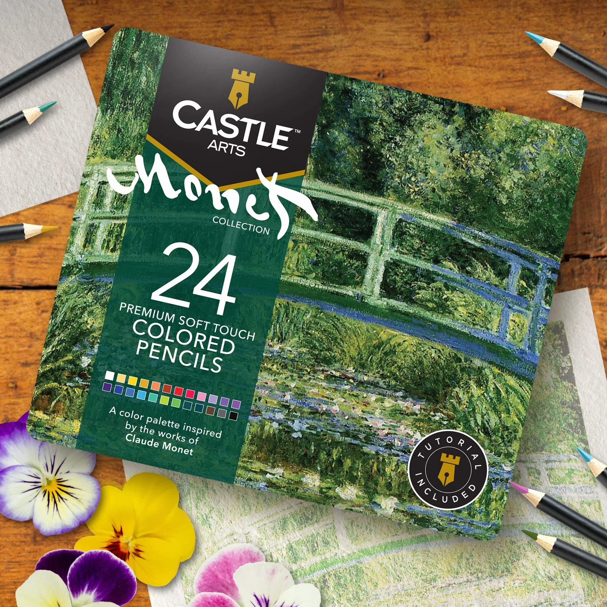 Castle Arts tematyczny zestaw 24 kolorowych ołówków w blaszanym pudełku, idealne kolory inspirowane "Monet". Zawiera wysokiej jakości, gładkie kolorowe rdzenie, doskonałą wydajność mieszania i warstw,