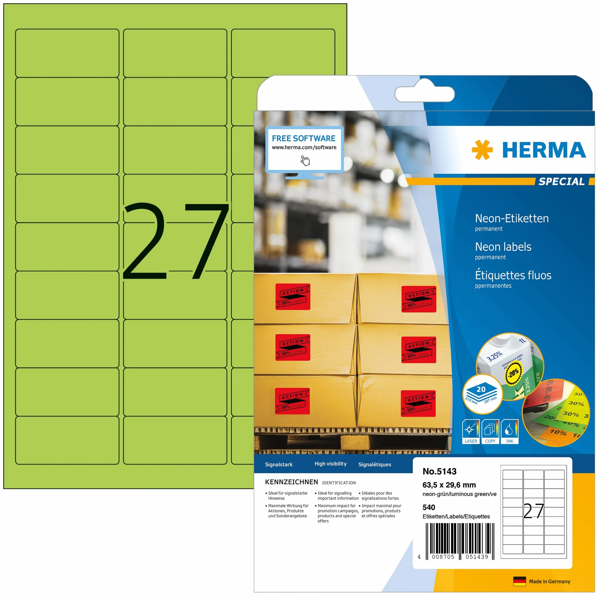HERMA Samoprzylepne kolorowe etykiety A4 63,5 x 29,6 mm 540 sztuk neonowa do drukarek laserowych i atramentowych