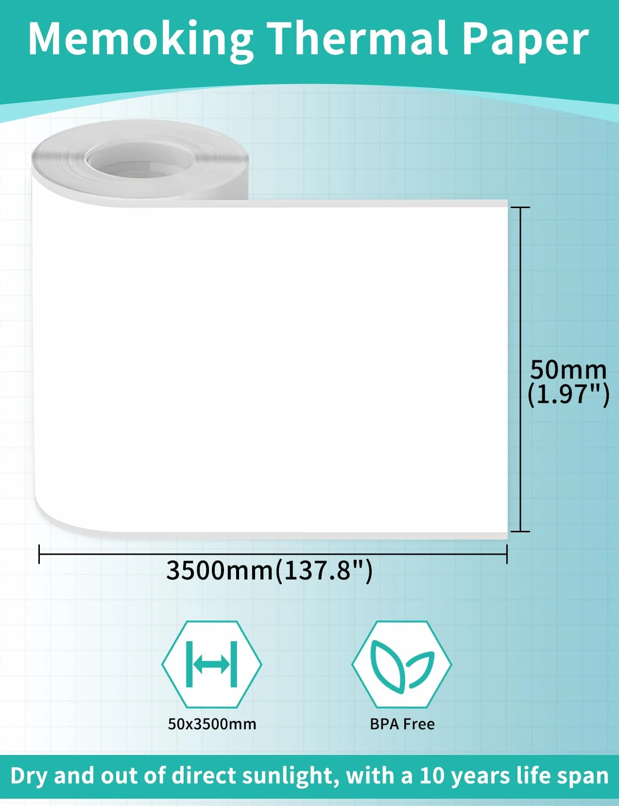 T02/M02L/M02/M02X Niebieski Samoprzylepny Papier Termiczny - 50mm x 3500mm do Zdjęć, Nauki, Notatek, Dzienników, Notatek, Papier Termiczny z Naklejkami Zachowuje Trwałość Przez 10 Lat, 3 Rolki