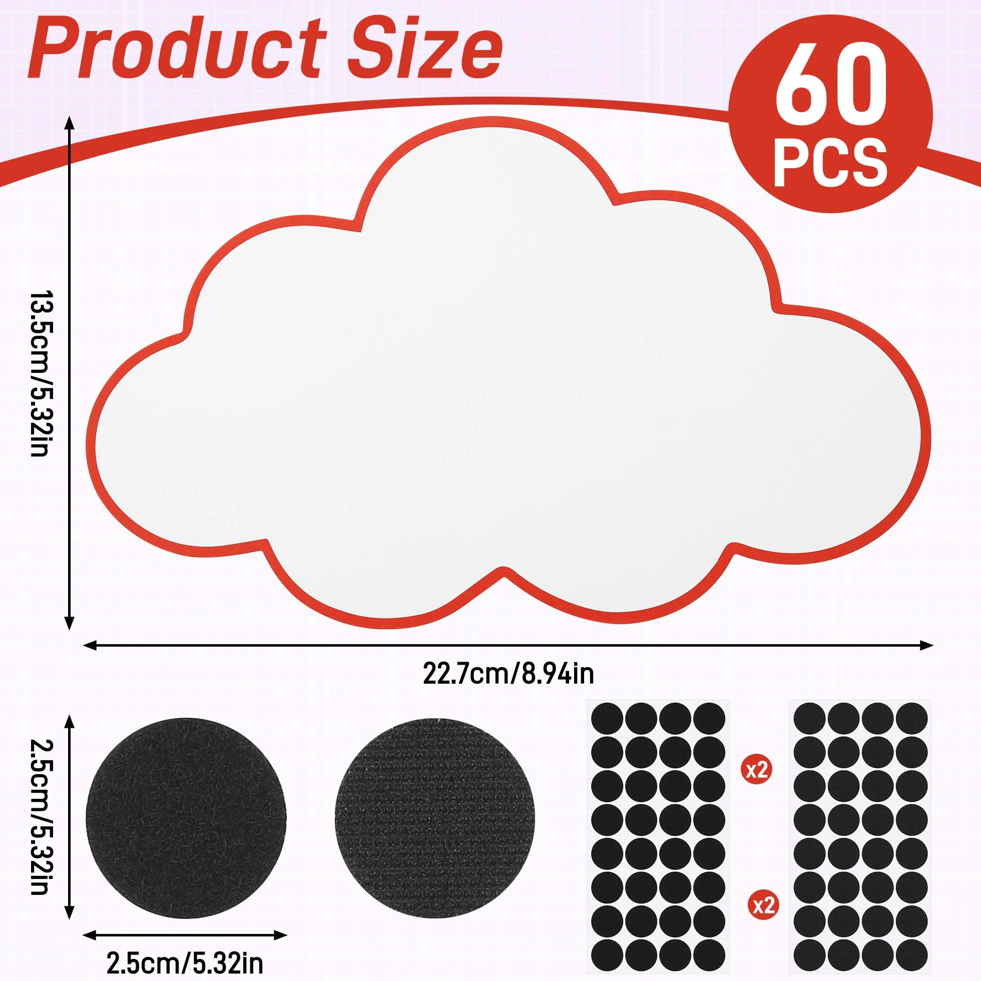 JIANTA Karty prezentacyjne w chmurze z naklejkami na rzepy, 60 sztuk, karty moderacyjne, kształt chmury, papier 250 g/m², 14 x 23 cm, białe z czerwoną obwódką