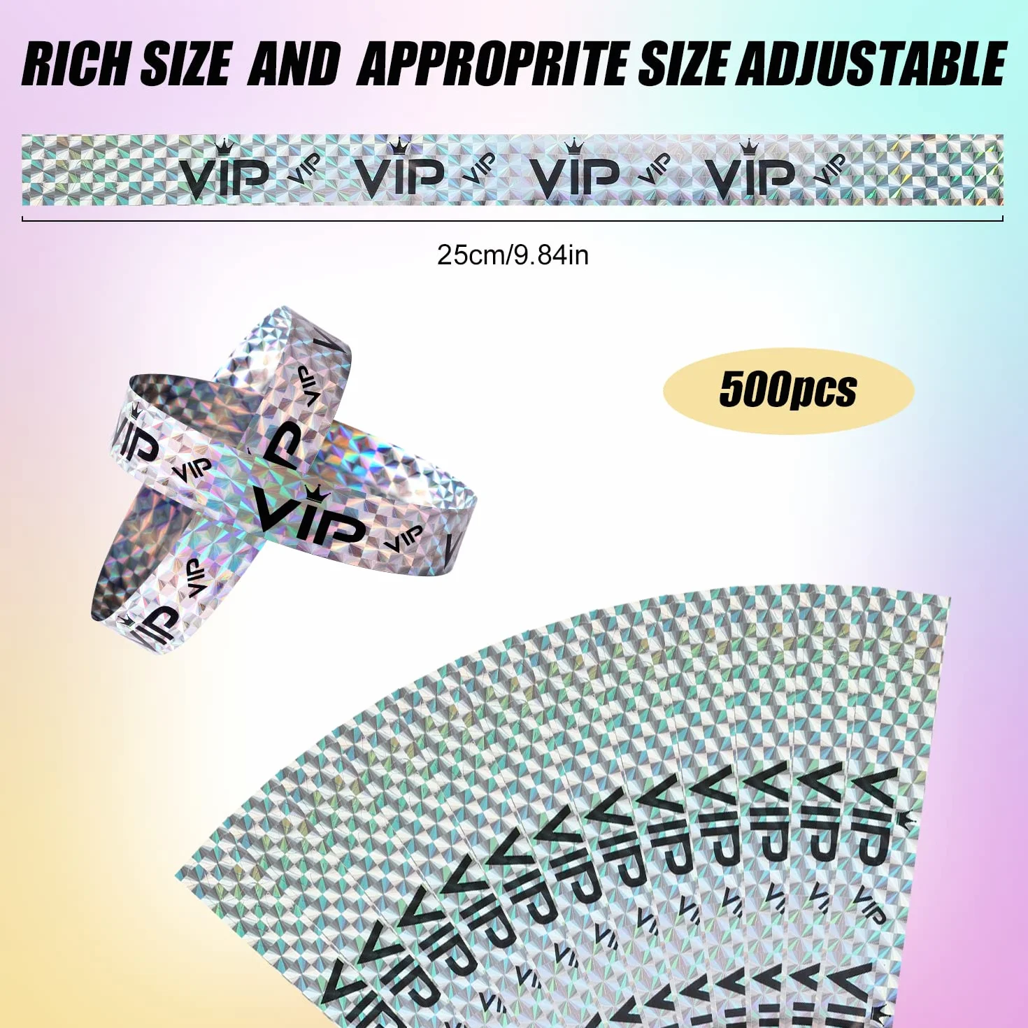 500szt. Opaski VIP, Opaski VIP Papierowe opaski imprezowe Bransoletki papierowe Opaski VIP Opaski na Imprezy Wejscie VIP Party Muzyka Festiwal Koncerty (Holograficzny Srebrny)