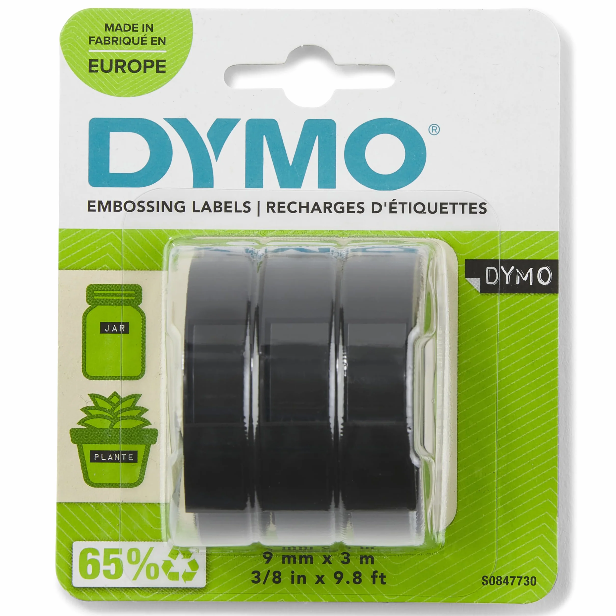 Taśma do etykieciarek wytłaczających DYMO Authentic | Rolki 9 mm x 3 m | Biały druk na czarnym tle | Samoprzylepna | Dla etykieciarek wytłaczających | 3 szt.
