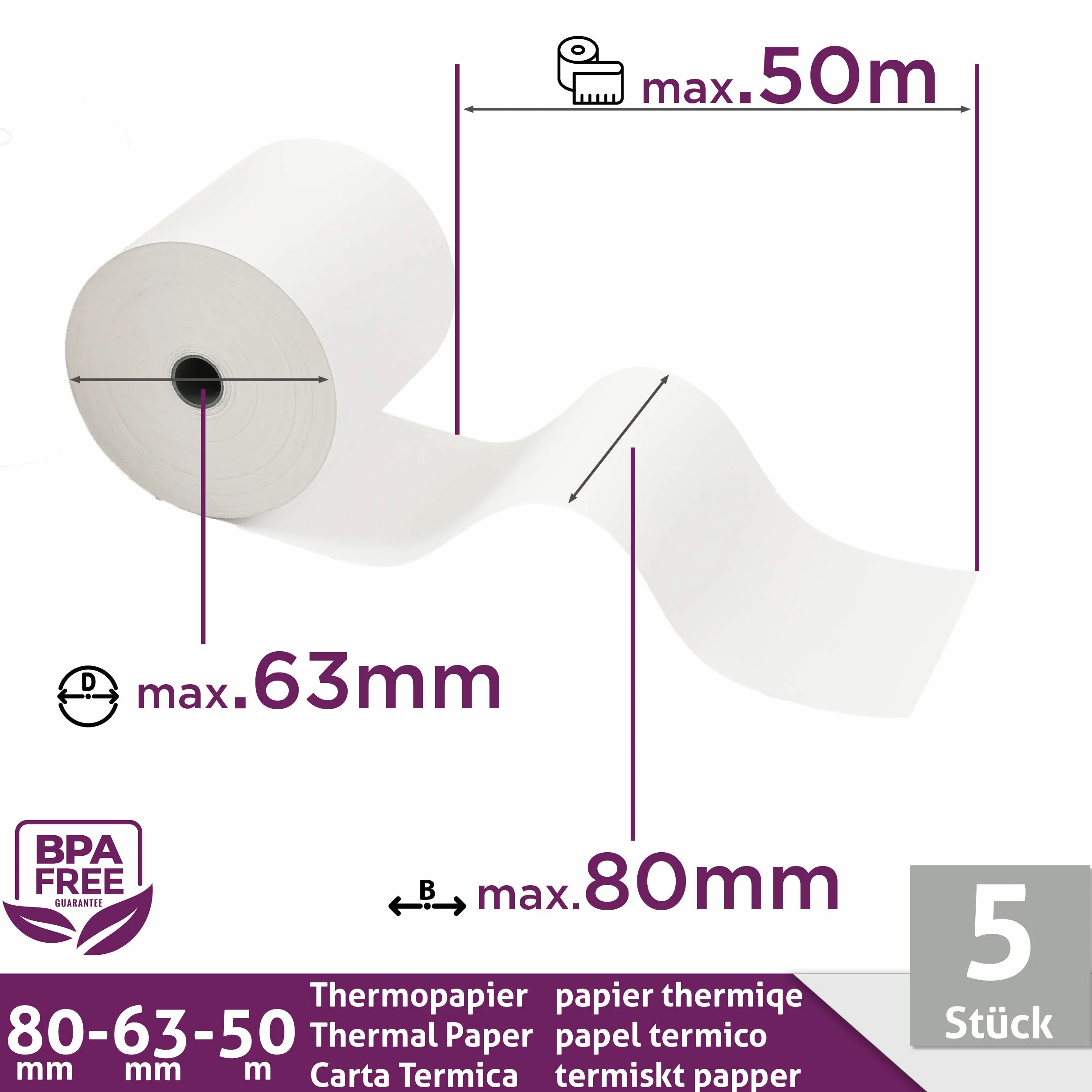 5 sztuk rolek termicznych/rolek do bonów/rolek kasowych 80 mm x 80 m x 12 mm (80 x 80 x 12) do wszystkich powszechnie stosowanych drukarek atramentowych z papieru termicznego – nie zawiera BPA (B: 80 mm – Ø 63 mm x 50 m – 5 sztuk)