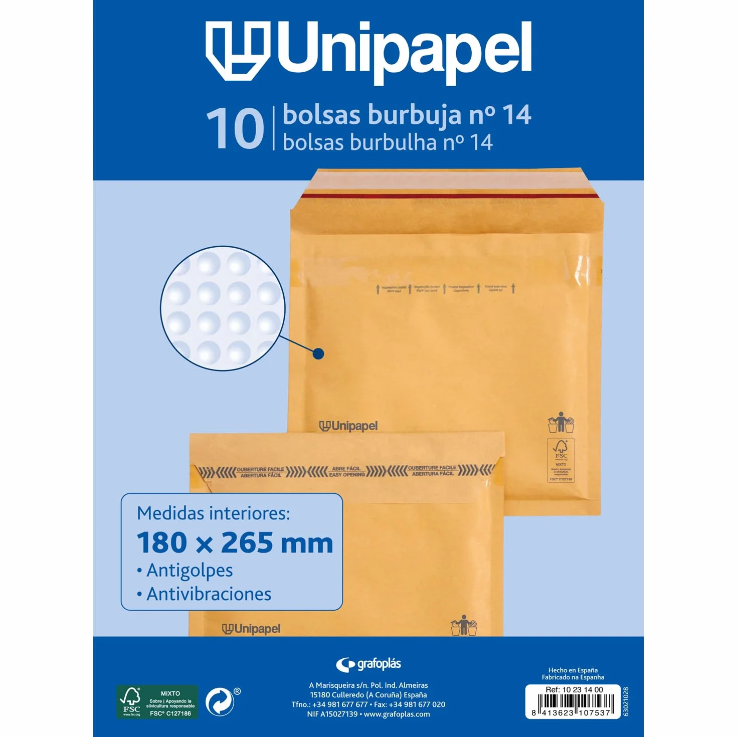 Unipapel | Koperty pikowane Kraft z wewnętrznym papierem bąbelkowym | Nr 14 Wymiary 180 x 265 mm | Zamknięcie samoprzylepne | Opakowanie 10 sztuk | Idealne do bezpiecznej i chronionej wysyłki |