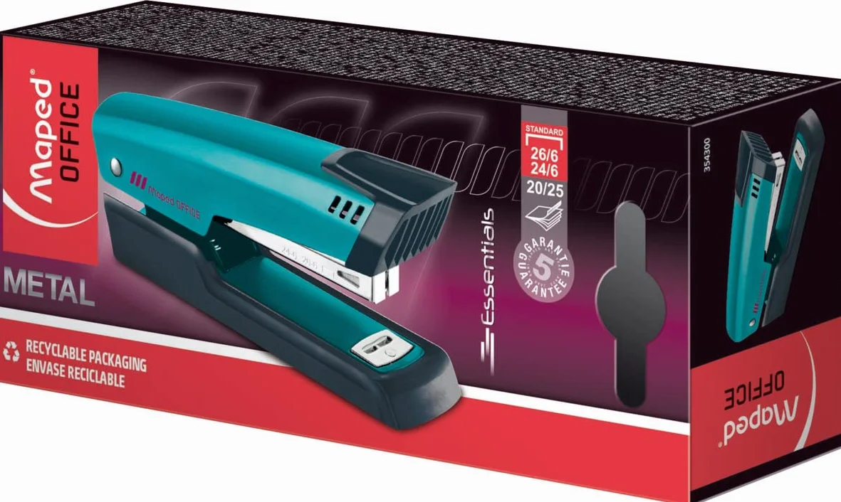 Maped - Zszywacz ESSENTIALS DECO 24-26/6 - na 20/25 arkuszy - powierzchnia lakieru błyszczącego w modnym turkusie - Mechanika i elementy prowadzące 100% z metalu - 2 rodzaje zszywania: zamknięte i
