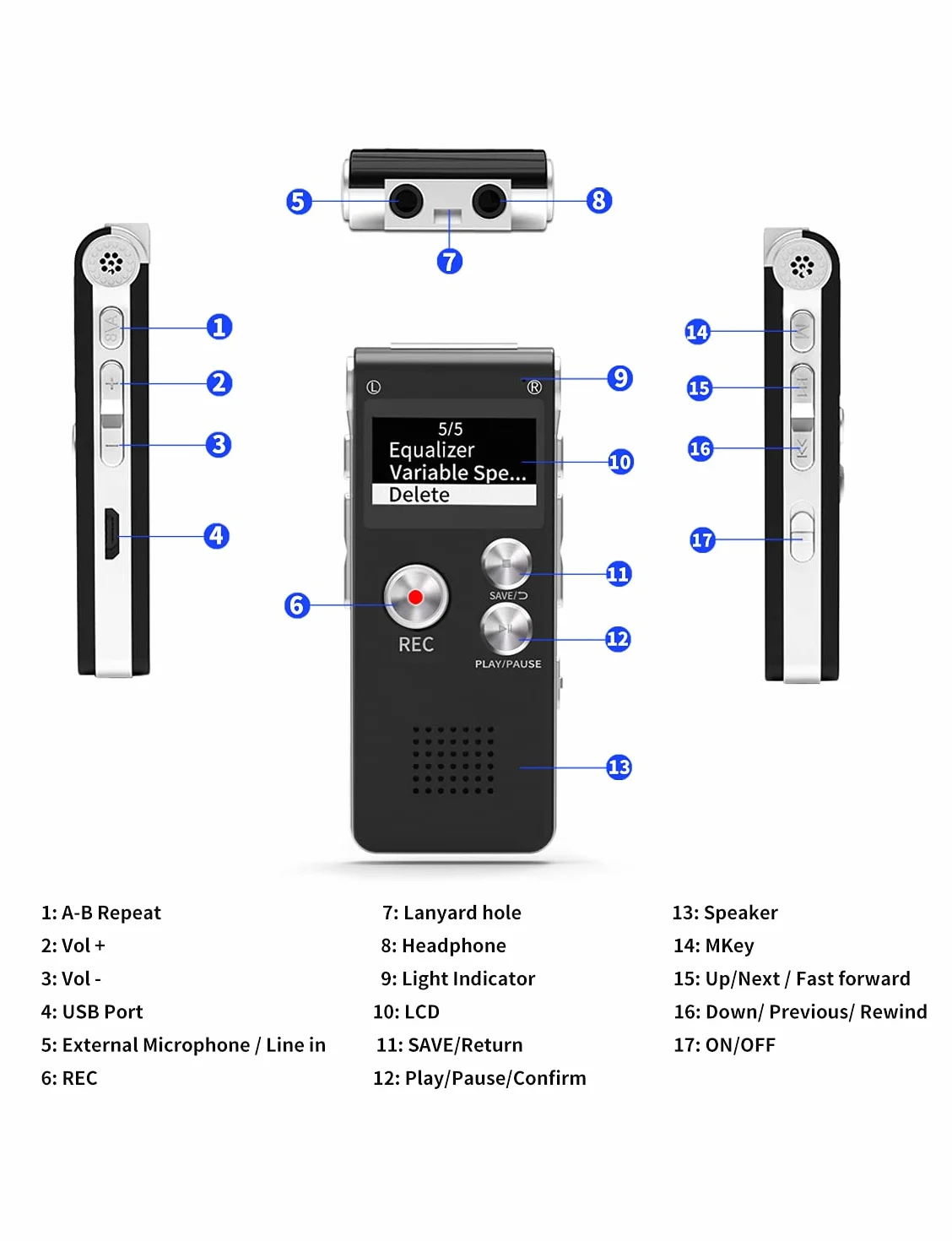 Cyfrowy dyktafon 32 GB (dyktafon), ładowanie USB 30 godzin ciągłego użytkowania, cyfrowy dźwięk i odtwarzacz MP3, do użytku na spotkaniach/wywiadach/wykładach/zajęciach (czarny)