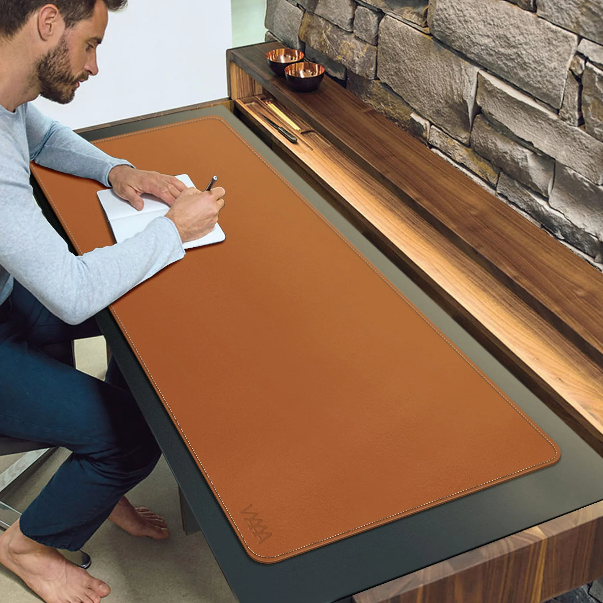 Podkładka na biurko na blat biurka, Vyaaa 140 x 60 cm, skóra PU, duża mata na biurko do biura, domu, do gier, komputera, laptopa, klawiatury i myszy - Jasnobrązowa