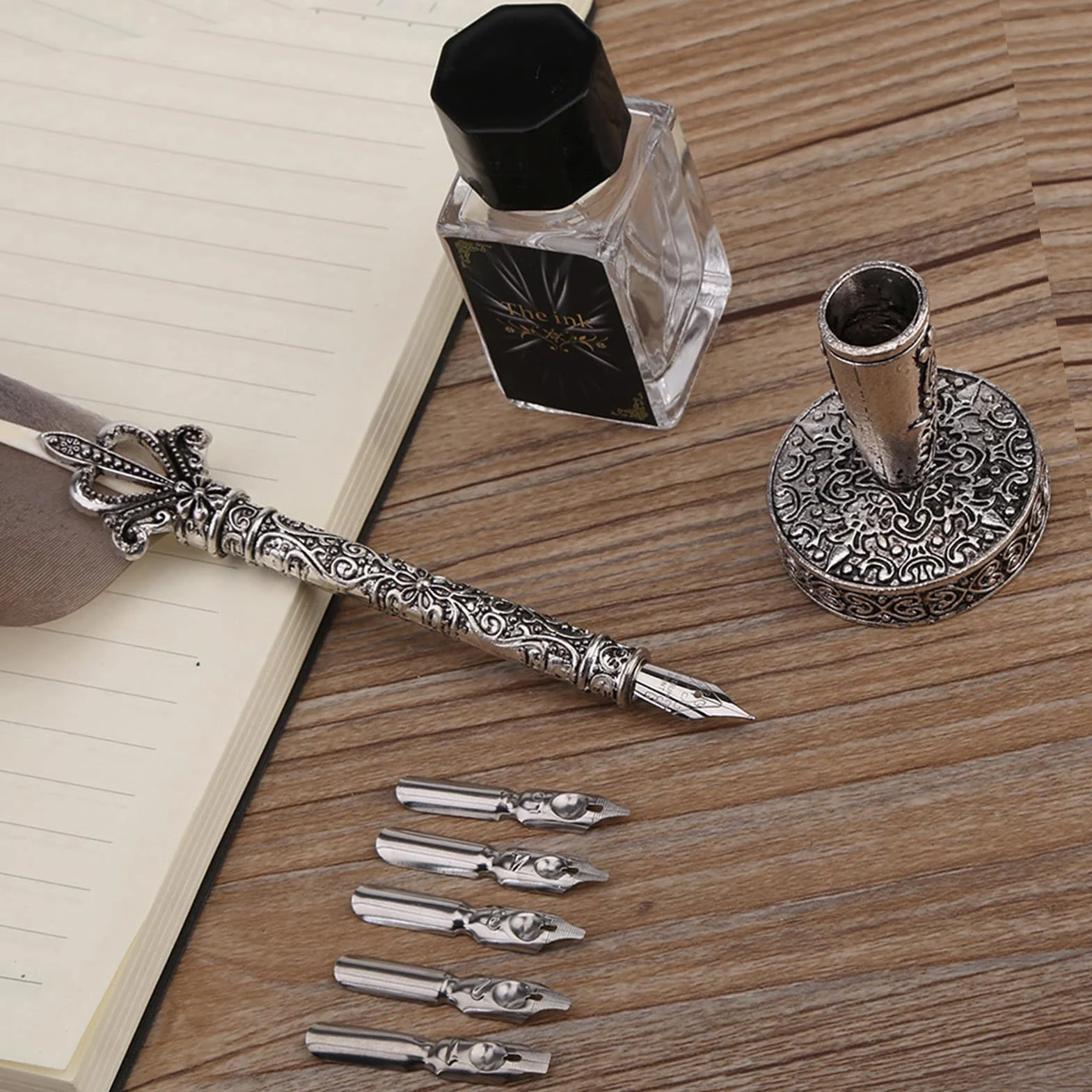Stalówka Garosa Vintage Feather, Stalówka Z Antycznej Angielskiej Kaligrafii Dip Quill Pen Zestaw Do Pisania, Metalowy Wygląd Rzeźbienia, Papiernicze Pudełko Z 5 Stalówkami (Czarne)