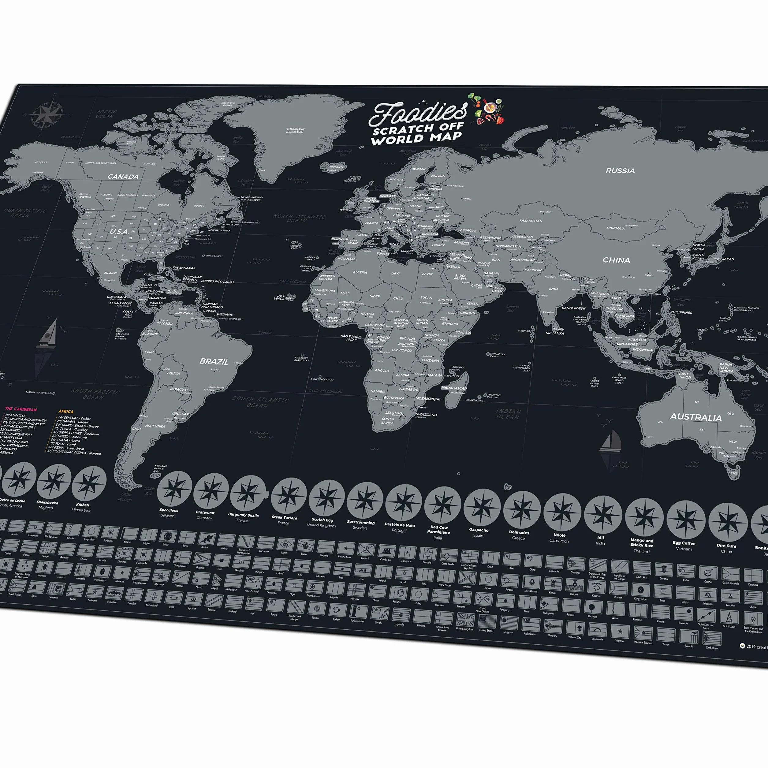 Bonanzana Mapa świata do zdrapywania XXL 70 x 42 cm z 25 produktami spożywczymi i 197 flagami Scratch off World Map prezent
