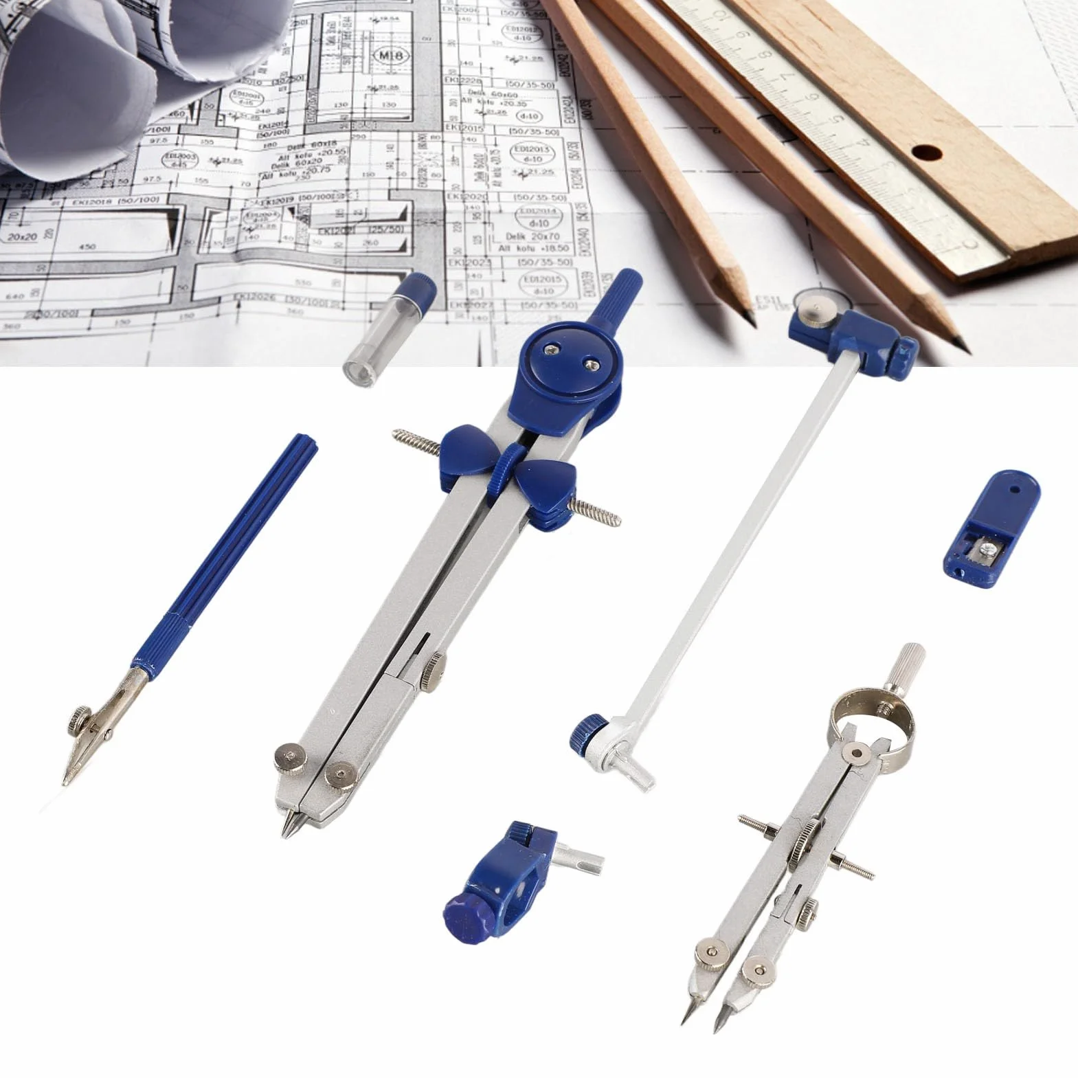 Zestaw cyrkli geometrycznych 7 sztuk z kątomierzem, metalowe narzędzia w pudełku