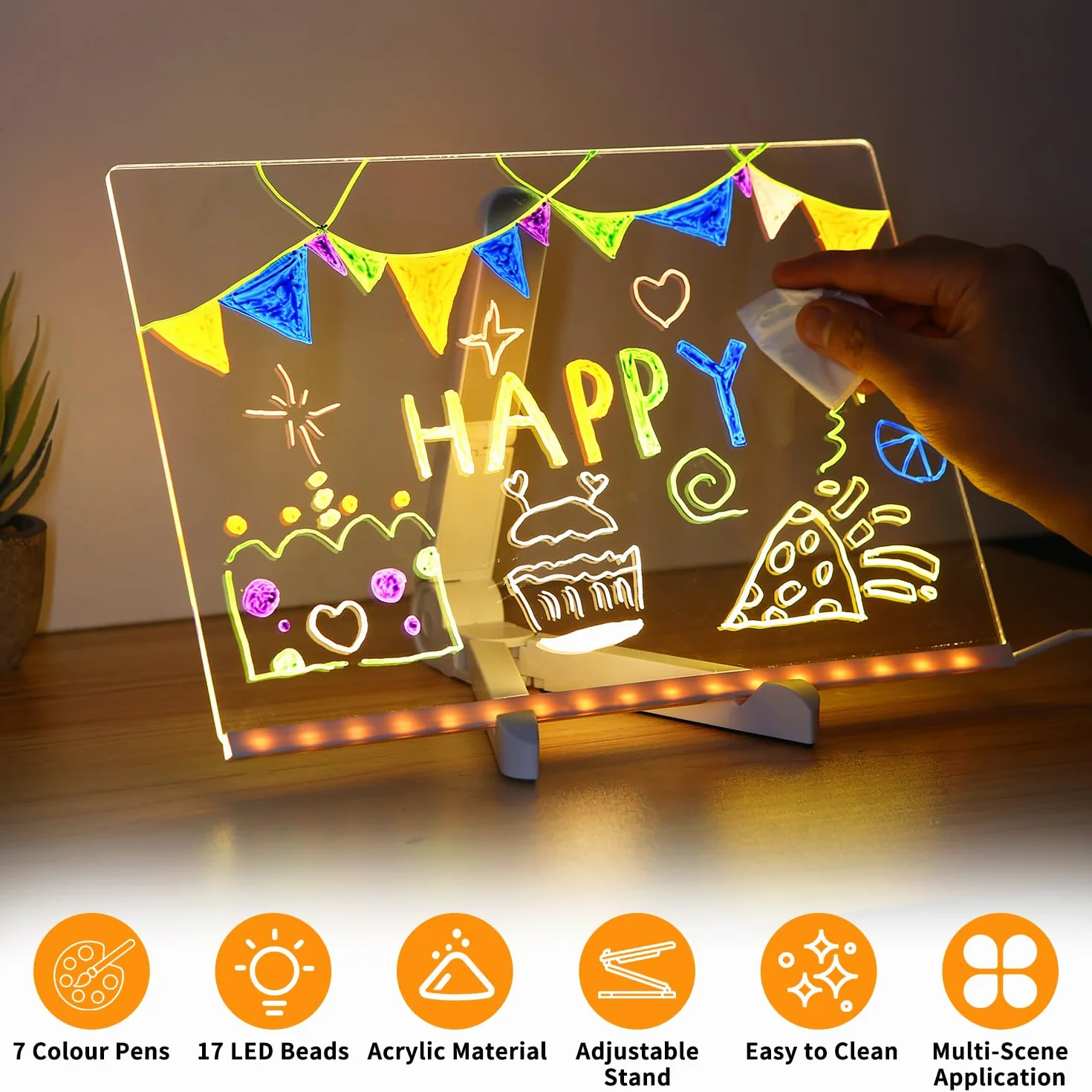 Akrylowa Tablica LED,Notatki Led z Kolorami Tablica na Pisania 17 Lampek 30x20 CM z 7 Kolorowymi Pisakami do Informacyjna Doodle,Tablic do Planowania SuchośCieralna