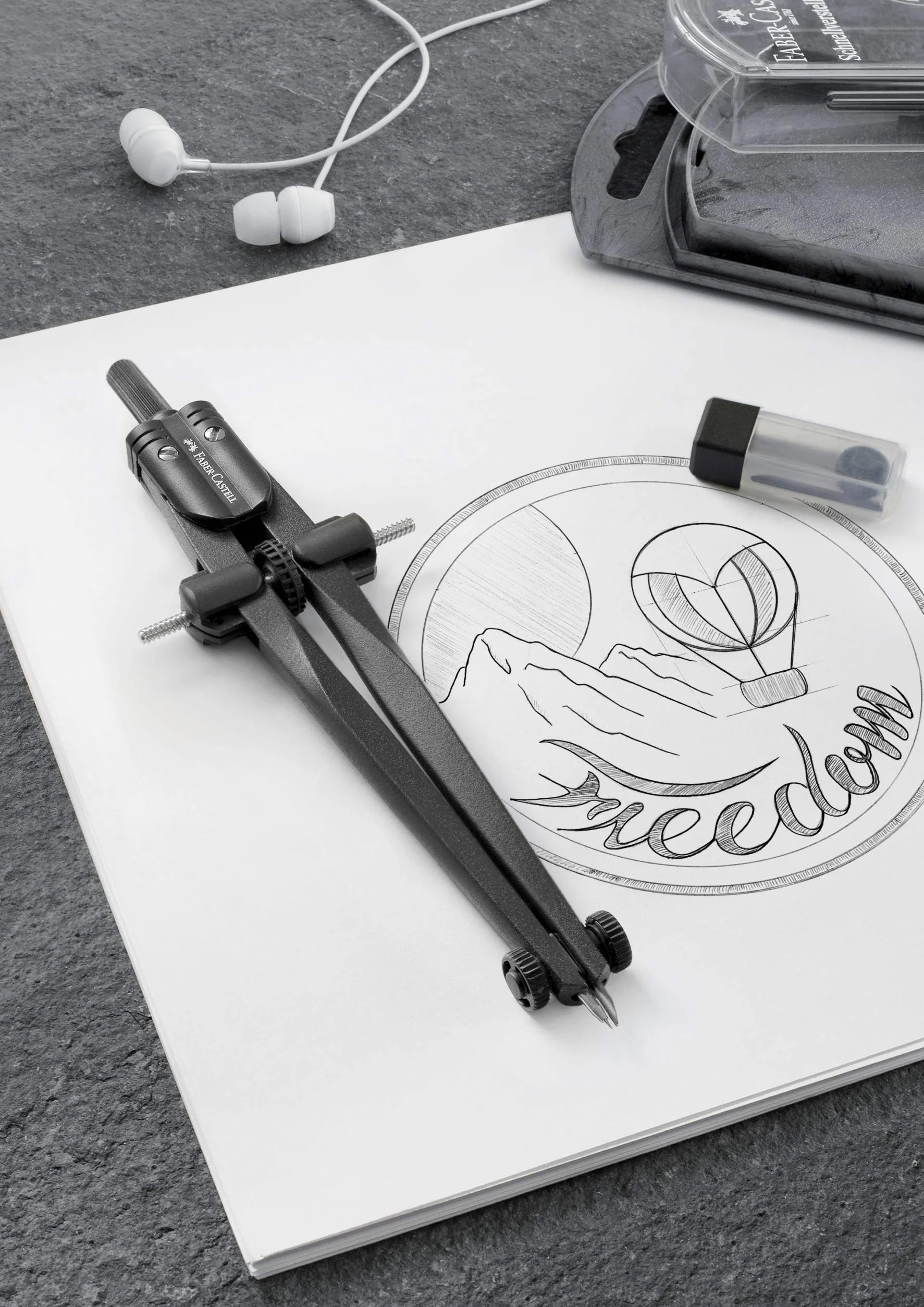 FABER-CASTELL 174530 – cyrkiel z szybką regulacją Stream, Blackstone, zestaw cyrkli z częściami zamiennymi i wkładami do cyrkli