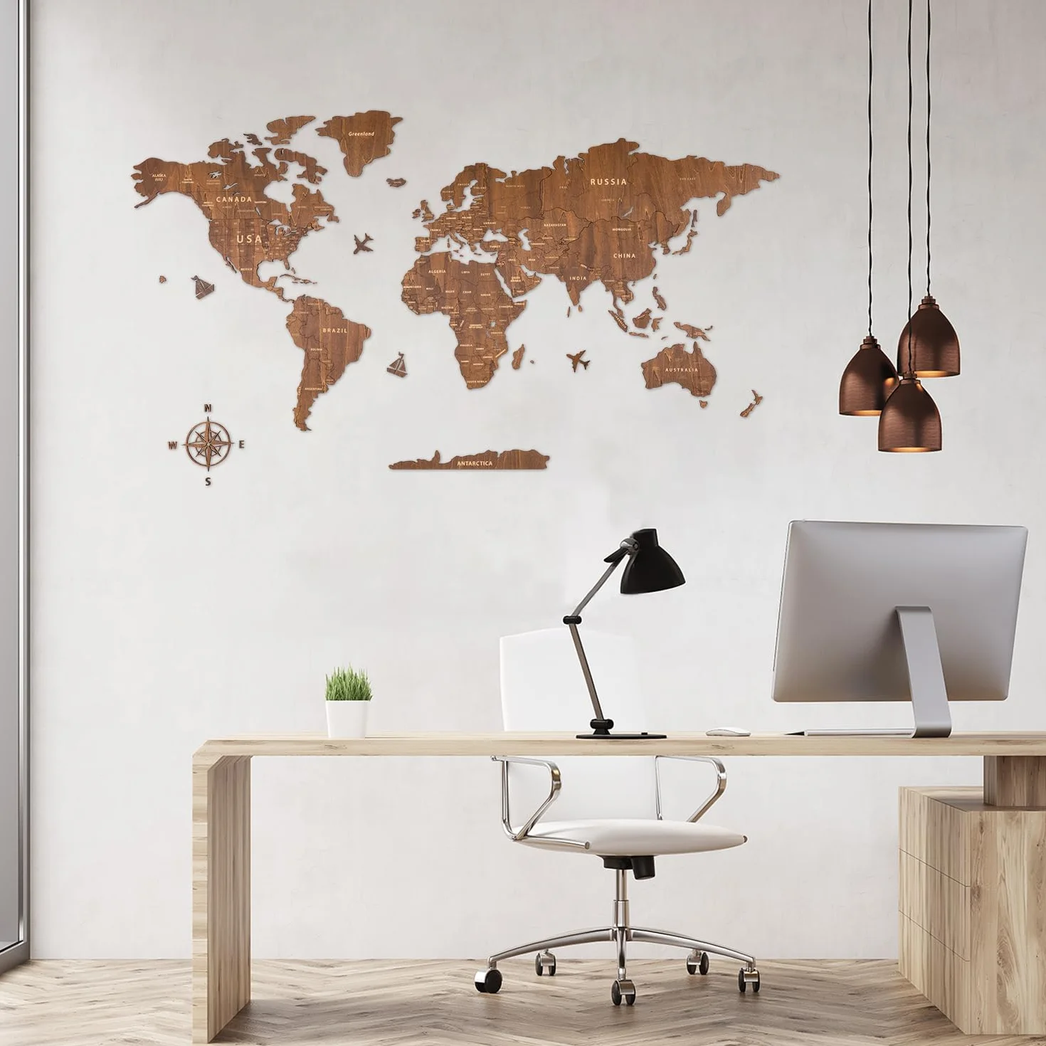 Creawoo Drewniana mapa świata Wall Art, orzechowe drewno mapa podróży do salonu, sypialni, dekoracji biura, idealny prezent dla pary, Housewarming (150x85cm)