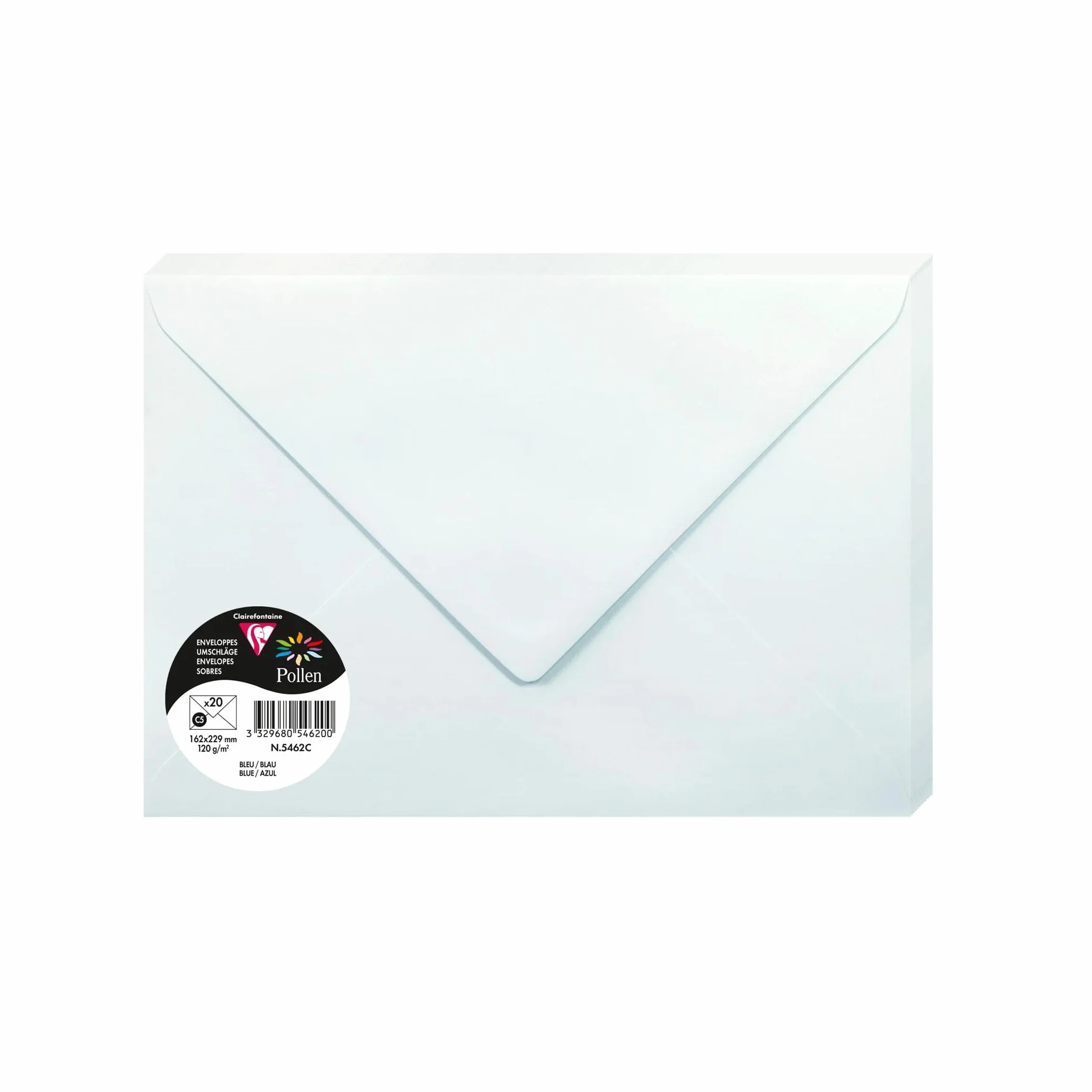 Clairefontaine 5462C – Zestaw 20 kopert z klejem do zwilżenia – Format C5 16,2x22,9cm – 120g/m² – kolor niebieski – Zaproszenia, imprezy i korespondencja – Kolekcja Pollen – Gładki papier Premium