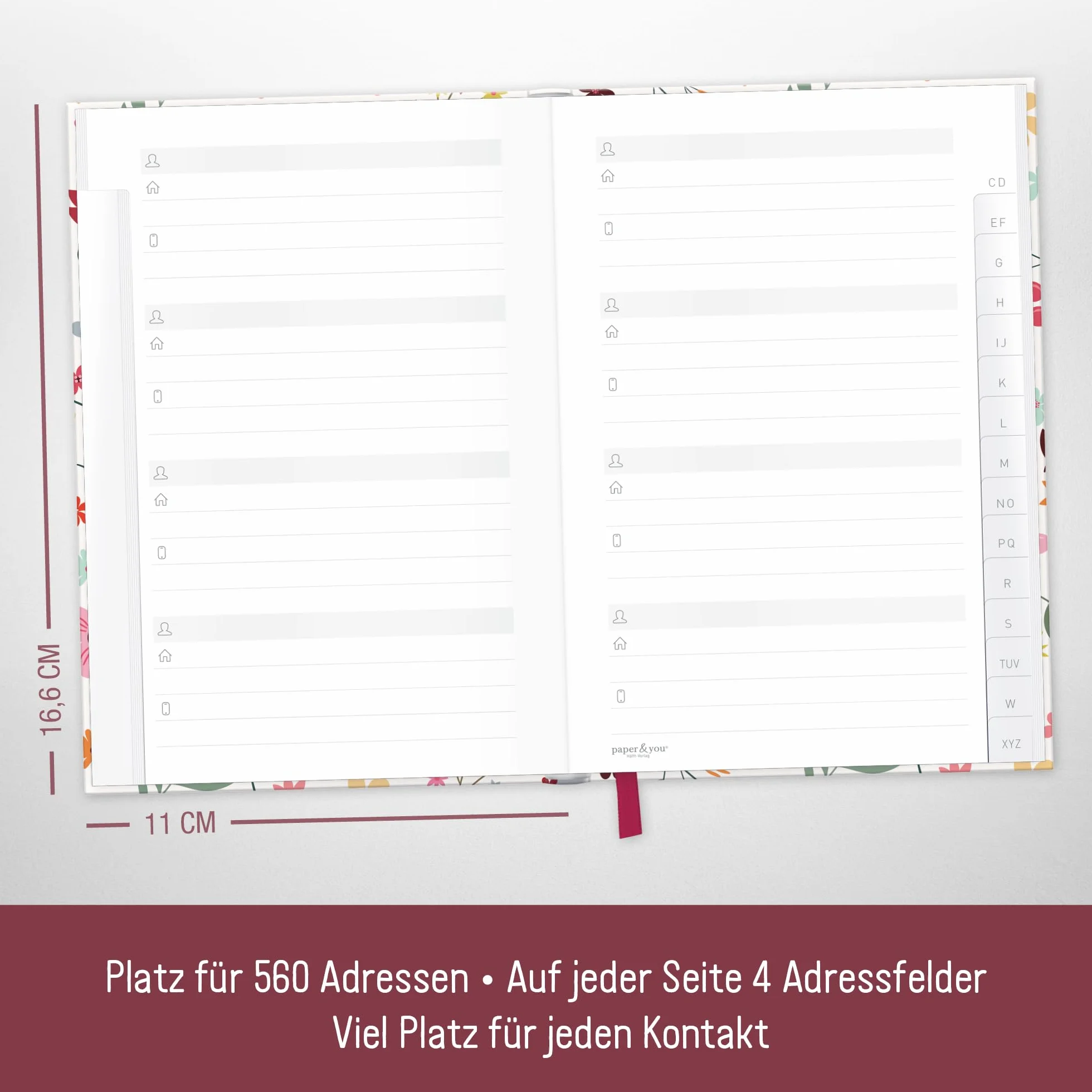 Książka adresowa paper&you® A6+ z indeksem A-Z papierem premium 120 g/m² "Wild Flower" na kontakty, daty urodzin i hasła - zrównoważona & przyjazna dla klimatu