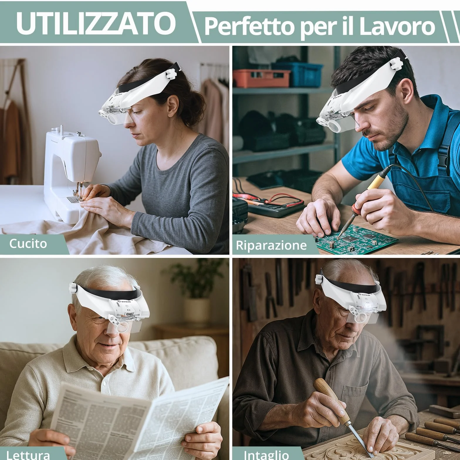 COLFULINE okulary powiększające ze światłem, 2 diody LED, lupa z lekką opaską na czoło, 5 soczewek 1,0X do 3,5X, akumulator 300mAh i ładowanie USB, 2 regulowana jasność okularowa lupa z opaską na