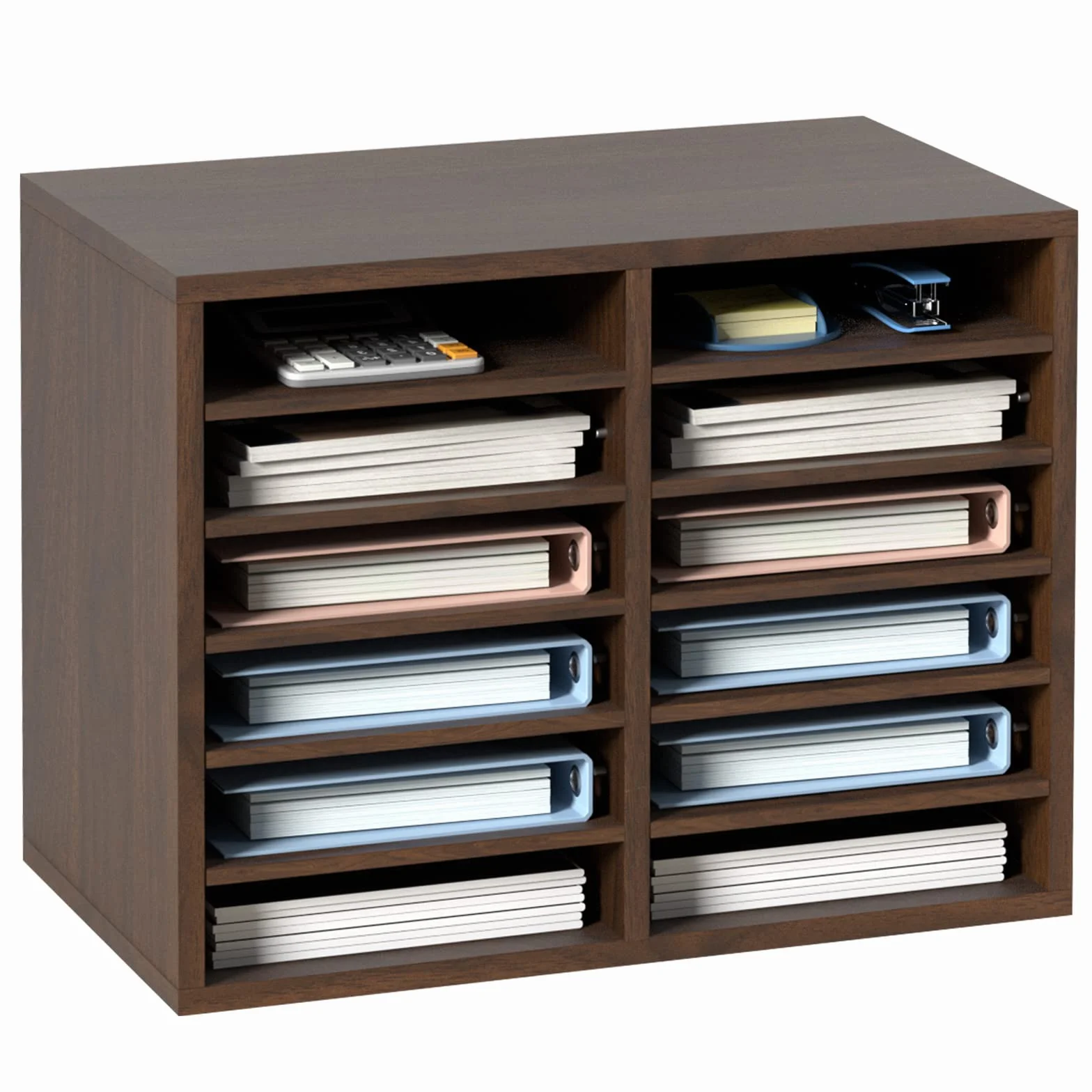 VEVOR Drewniany organizer na biurko 52 x 30,5 x 41 cm 12-komorowy sorter na dokumenty kosz pocztowy płyta wiórowa wyjmowana półka na dokumenty do przechowywania plików czasopism szkolnych brązowy