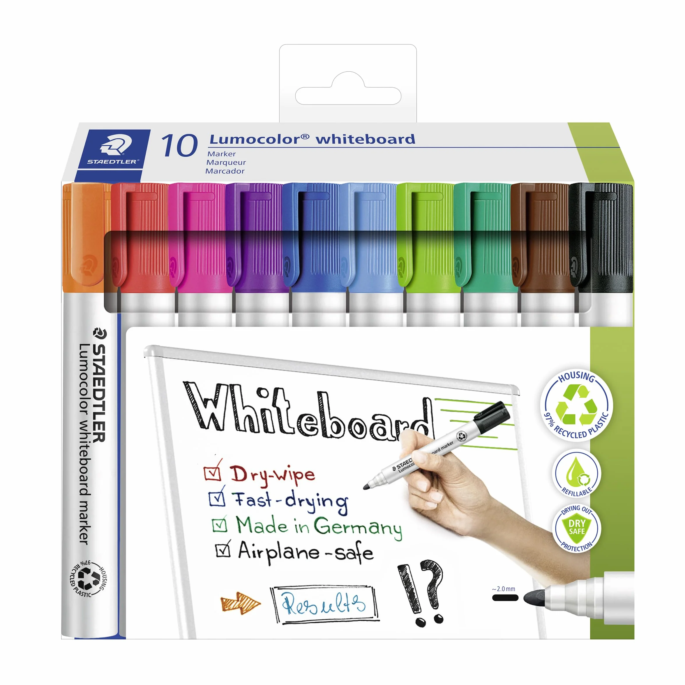 STAEDTLER 351 C10 Lumocolor marker do tablic suchościeralnych, końcówka punktowa 2,0 mm, szerokość linii – różne kolory (10 sztuk kart)