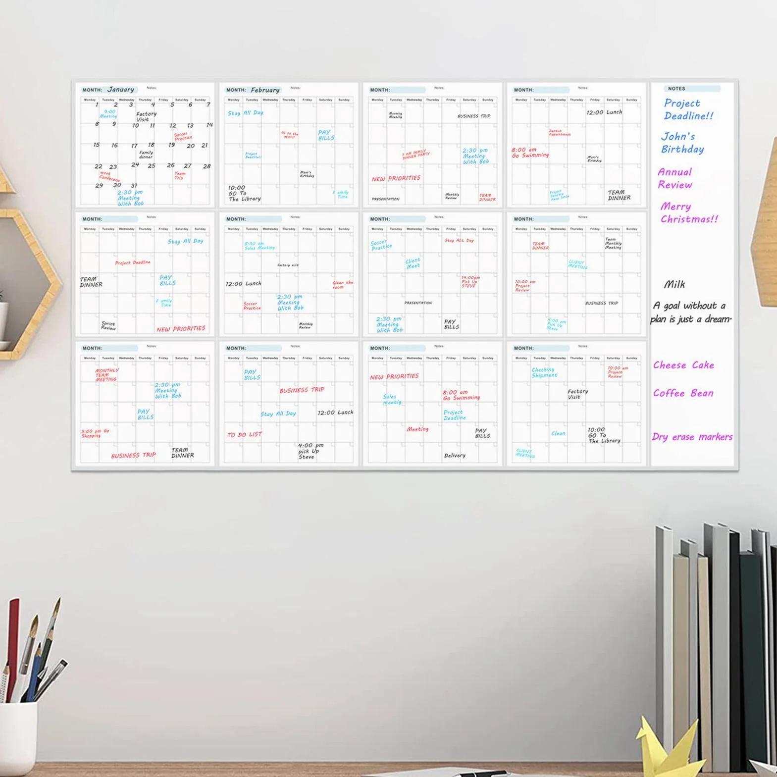 Planer ścienny, kalendarz ścienny, 12 miesięcy roczny dry-Erase duże składane powierzchnie do pisania, planery do wielokrotnego użytku w domu i szkole, 34 x 58