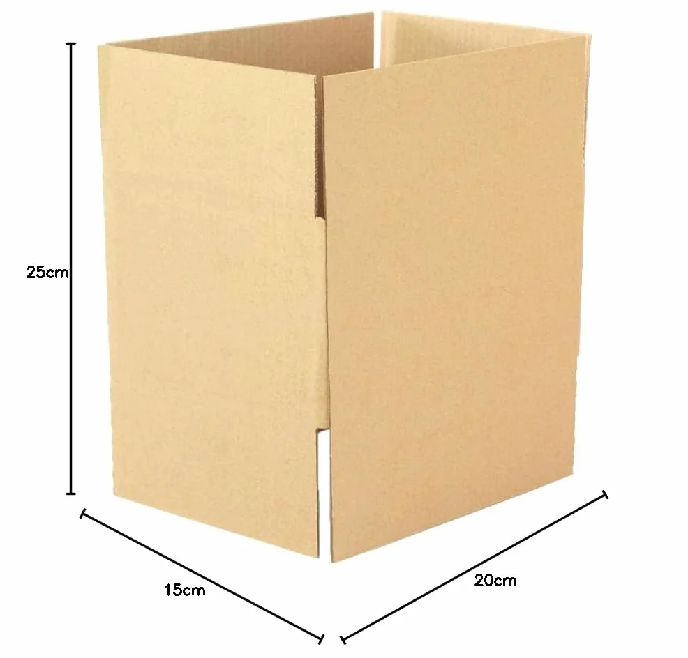 Opakowanie 25 kartonów ze wzmocnionego kartonu o wymiarach 25 x 20 x 15 cm i prostym K, wyprodukowane w Hiszpanii z kartonu pochodzącego z recyklingu, wytrzymałe do wysyłki, przechowywania i