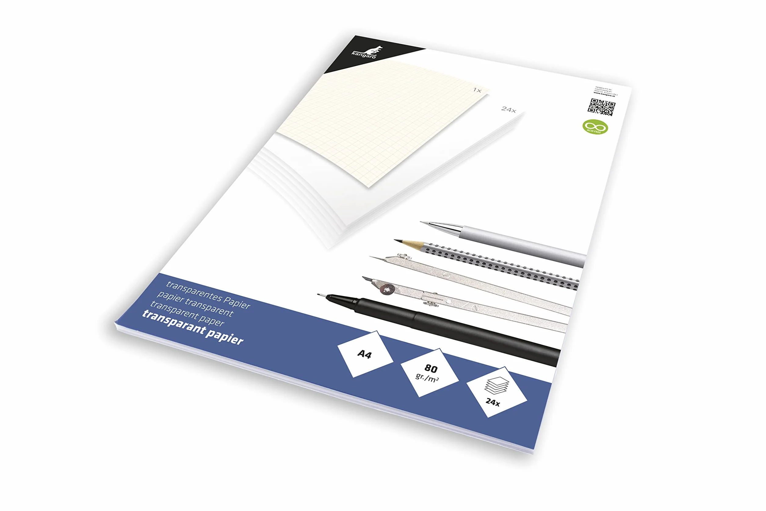 Kangaro Przezroczysty papier rysunkowy/milimetrowy DIN A4 24 strony papieru 80 g/m² z 1 arkuszem 1/5/10 mm pomarańczowy raster, K-770300
