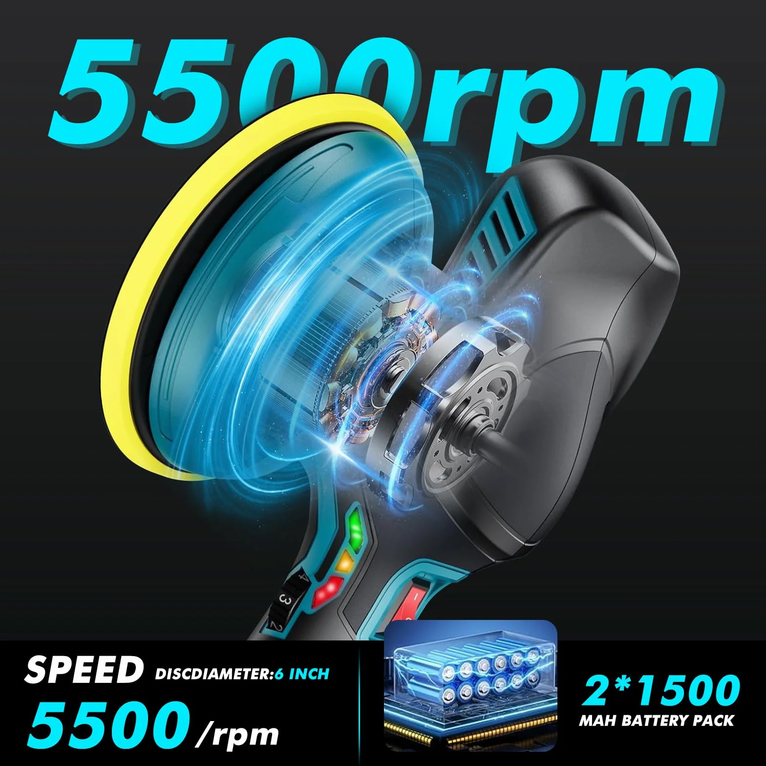 Bezprzewodowa polerka samochodowa, polerka orbitalna, 15 cm, 2 baterie 21 V, 1500 mAh, 13 końcówek, 6 zmiennych prędkości 5500 obr./min