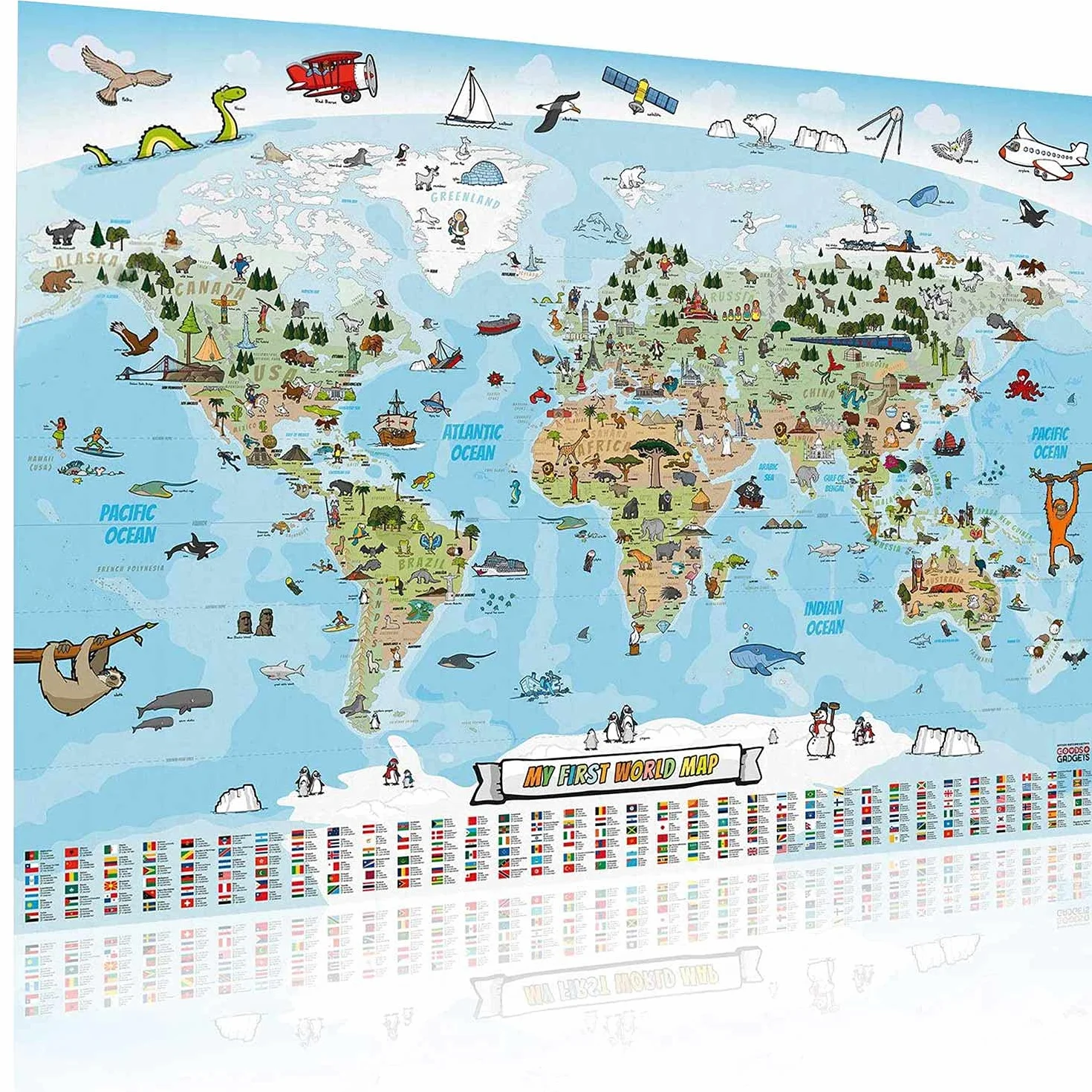 Panoramiczna mapa świata dla dzieci XXL 140 x 100 cm ręcznie rysowana kolorowana Angielski