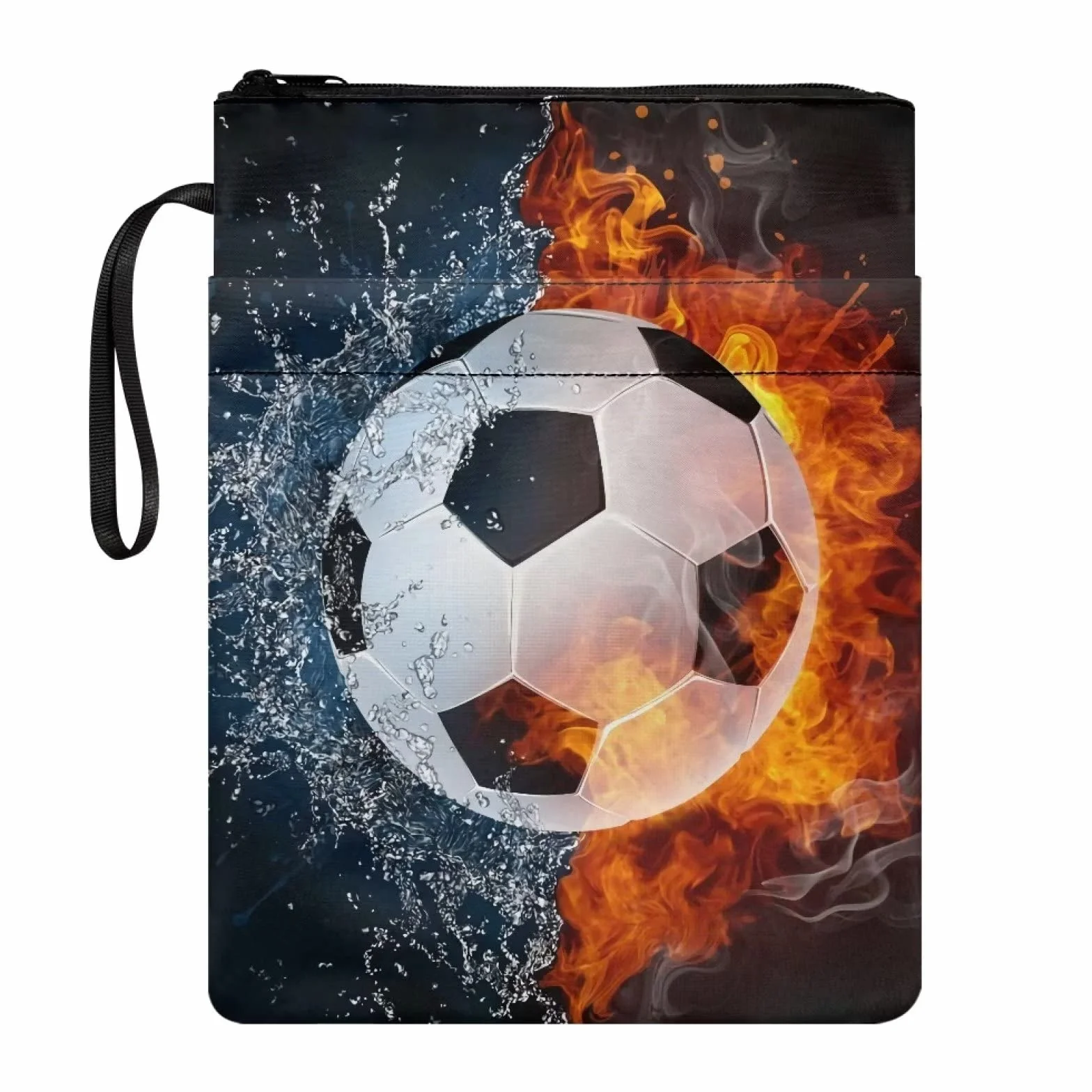 Poceacles Soccer Water Fire Design etui na książki na okładki w miękkiej okładce, etui ochronne na książki z zamkiem błyskawicznym, nadające się do prania rękawy z tkaniny poliestrowej