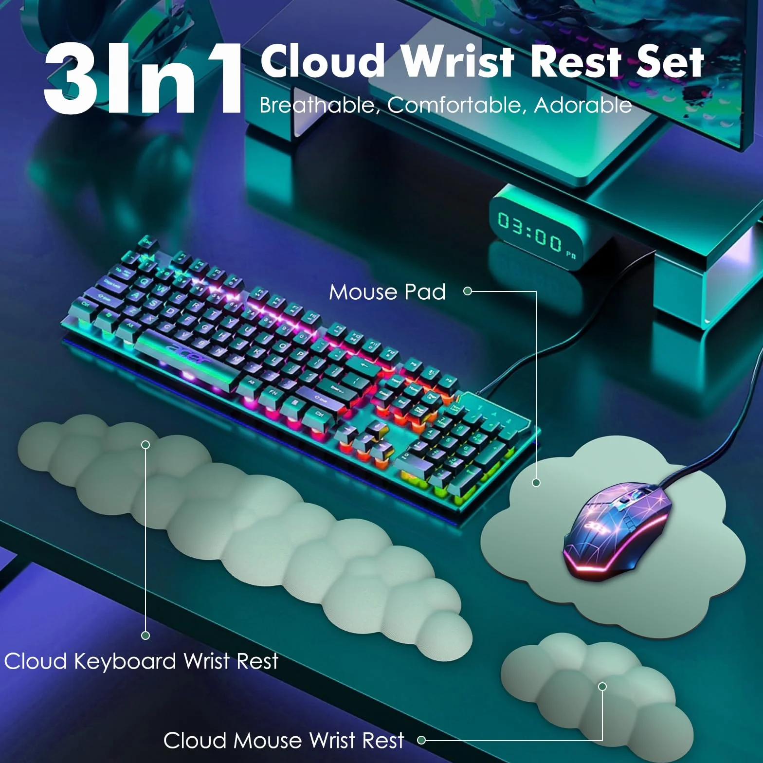 MoKo Cloud Wrist Rest Ergonomic Keyboard Wrist Support with Mouse Pad Durable Polyester Arm Rest Pad for Office Gaming Computer Laptop Green