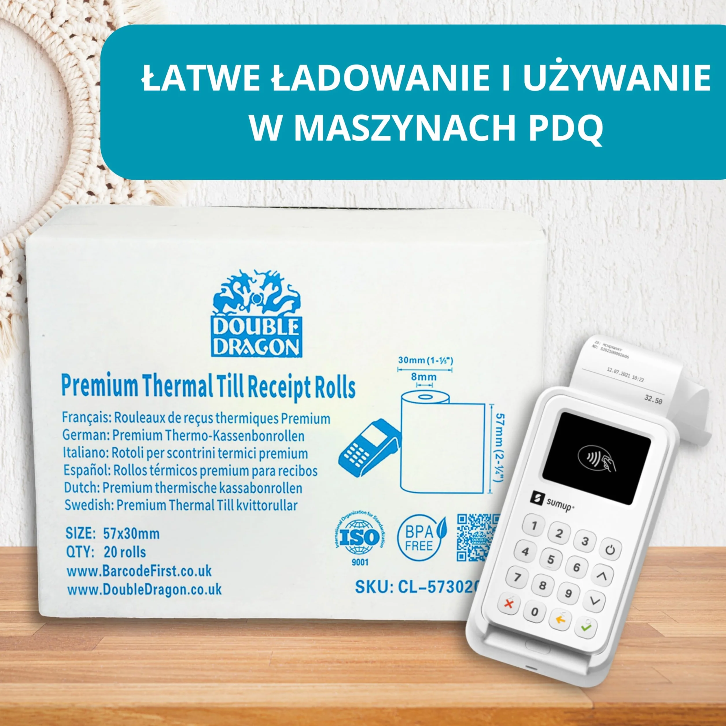 Double Dragon Termiczne rolki do paragonów 57 x 30 mm Wolne od BPA Kompatybilne z SumUp Ingenico PayZone Verifone Clover Zettle 20 rolek