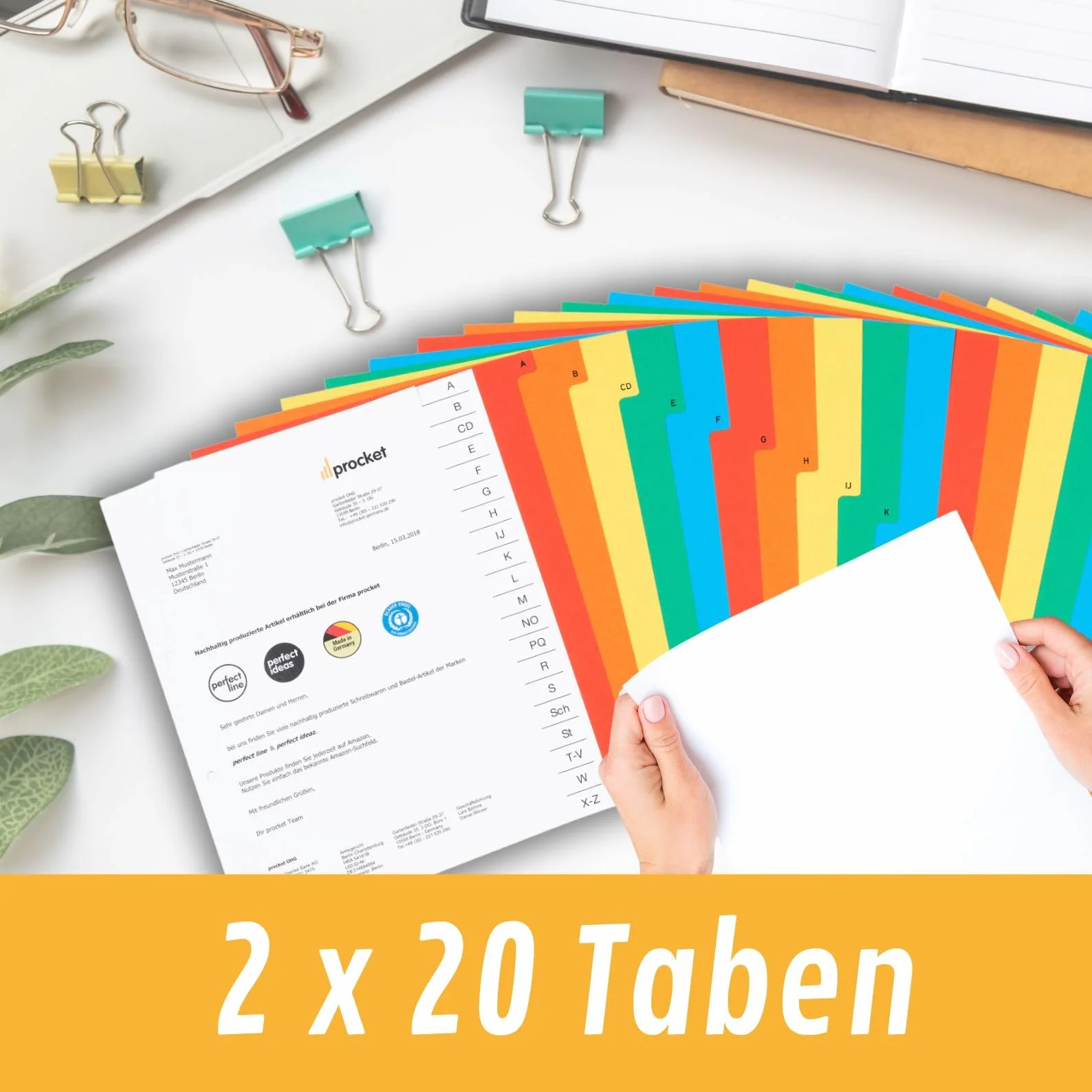 perfect line • Segregator A-Z DIN-A4, 20-częściowy, zestaw 2 sztuk, karton, Wyprodukowano w Niemczech, posiada certyfikat Blue Angel