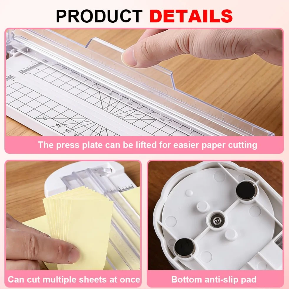 Nóż do papieru 4 w 1, wielofunkcyjny, do cięcia papieru z prowadnicą linii cięcia i linijką boczną, do scrapbookingu, papieru do majsterkowania, projektów DIY, prac ręcznych, różowy