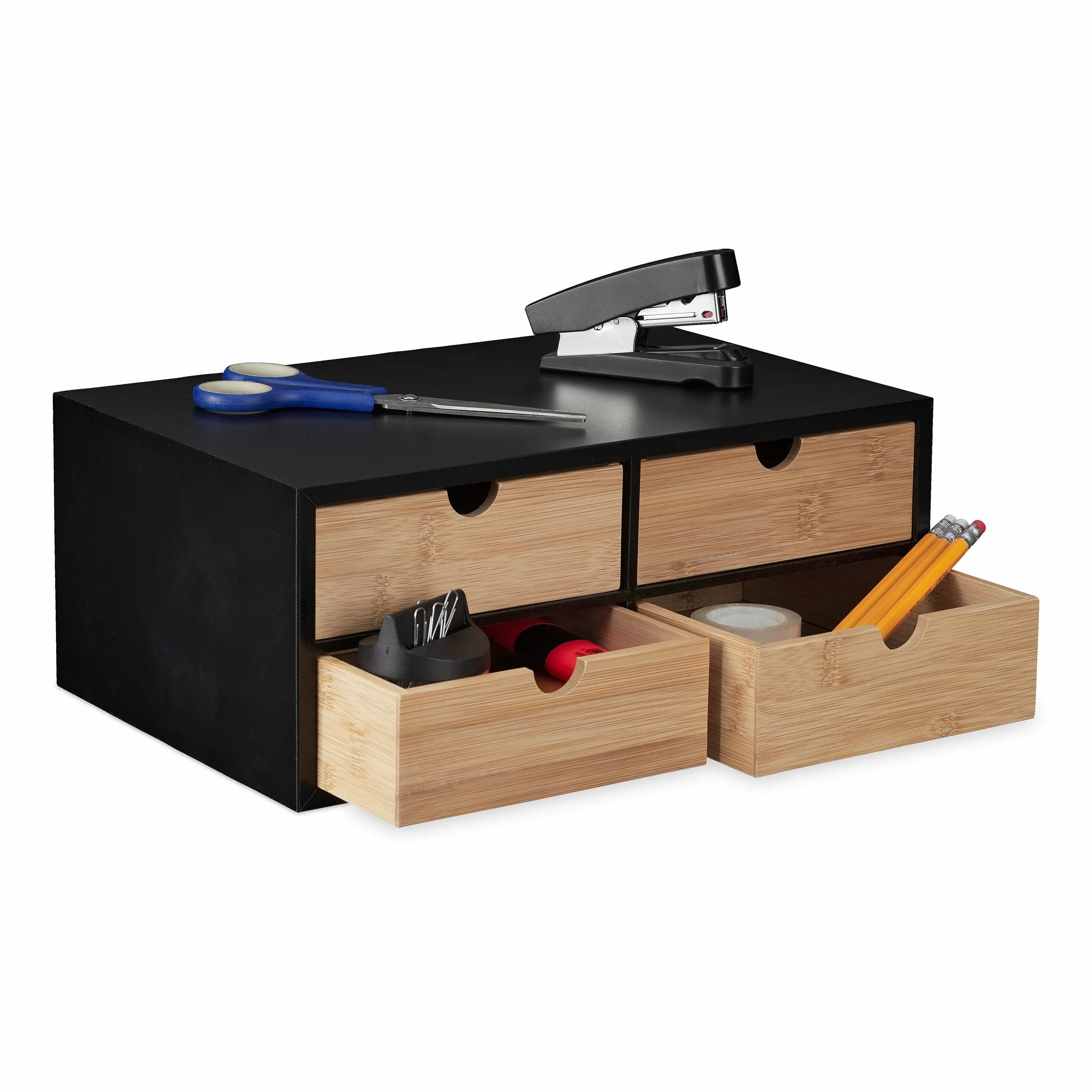 Relaxdays Organizer na biurko 4 szuflady bambus MDF 13,5 x 33 x 21 cm naturalny czarny