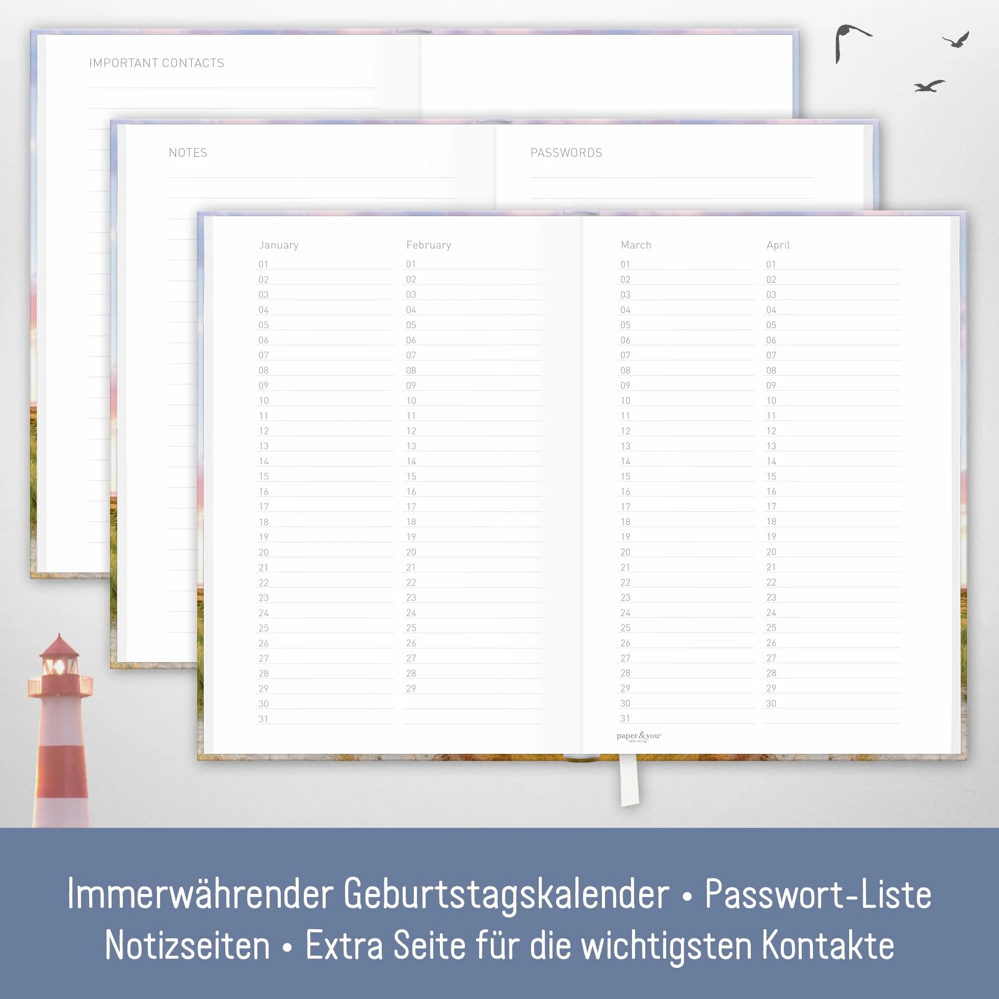 Książka adresowa paper&you® A6+ z indeksem A-Z papierem premium "Latarnia morska" 120 g/m² na kontakty, daty urodzin i hasła - zrównoważona & przyjazna dla klimatu