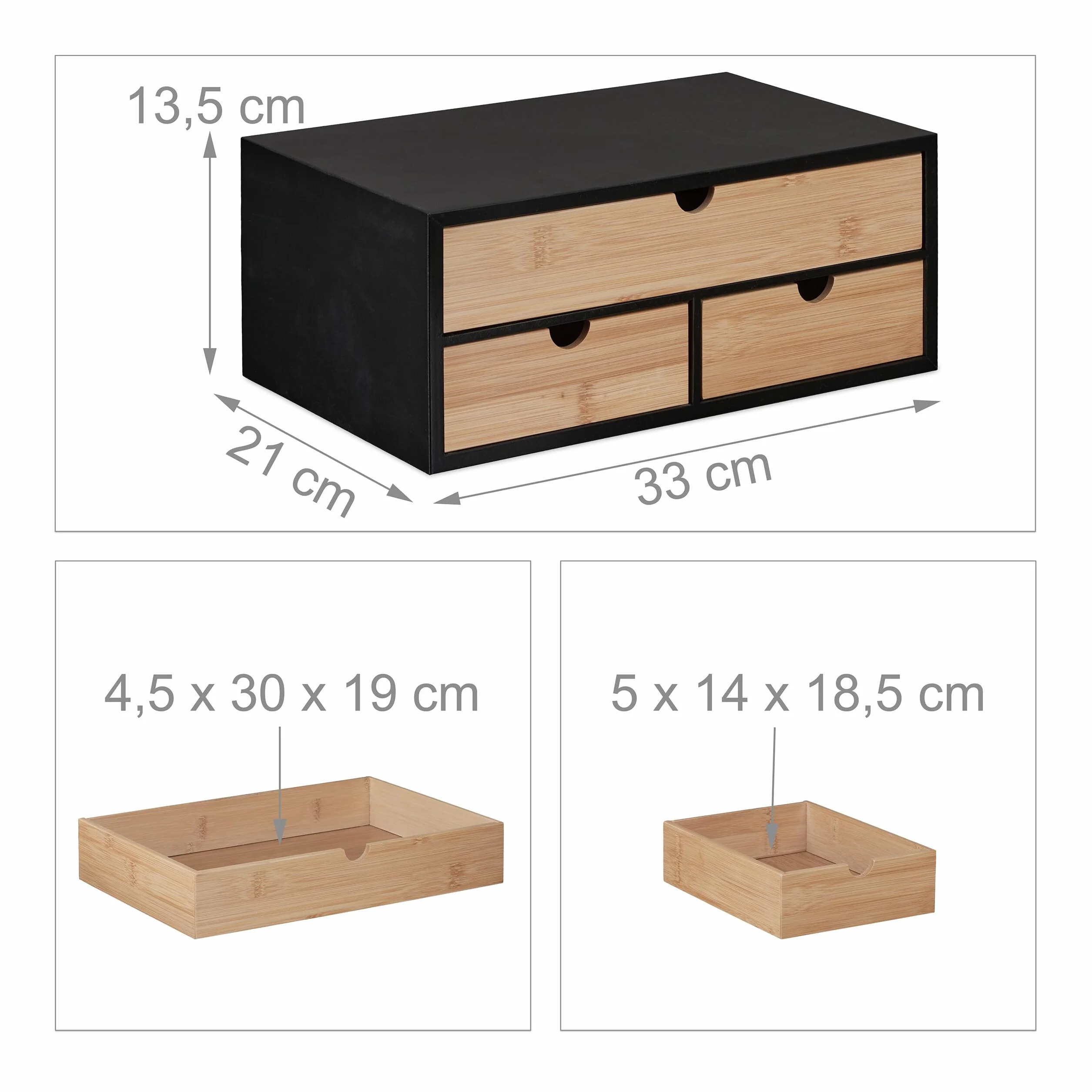 Relaxdays Organizer na biurko 3 szuflady bambus MDF 13,5 x 33 x 21 cm naturalny czarny