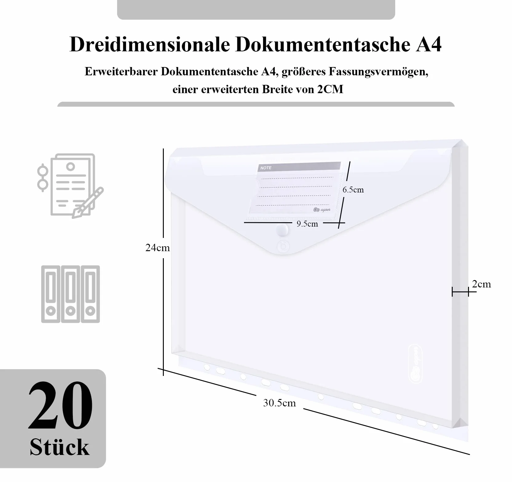 Agoer Plastikowe teczki na dokumenty A4 rozszerzane 20 teczek z 2 guzikami 11 otworami