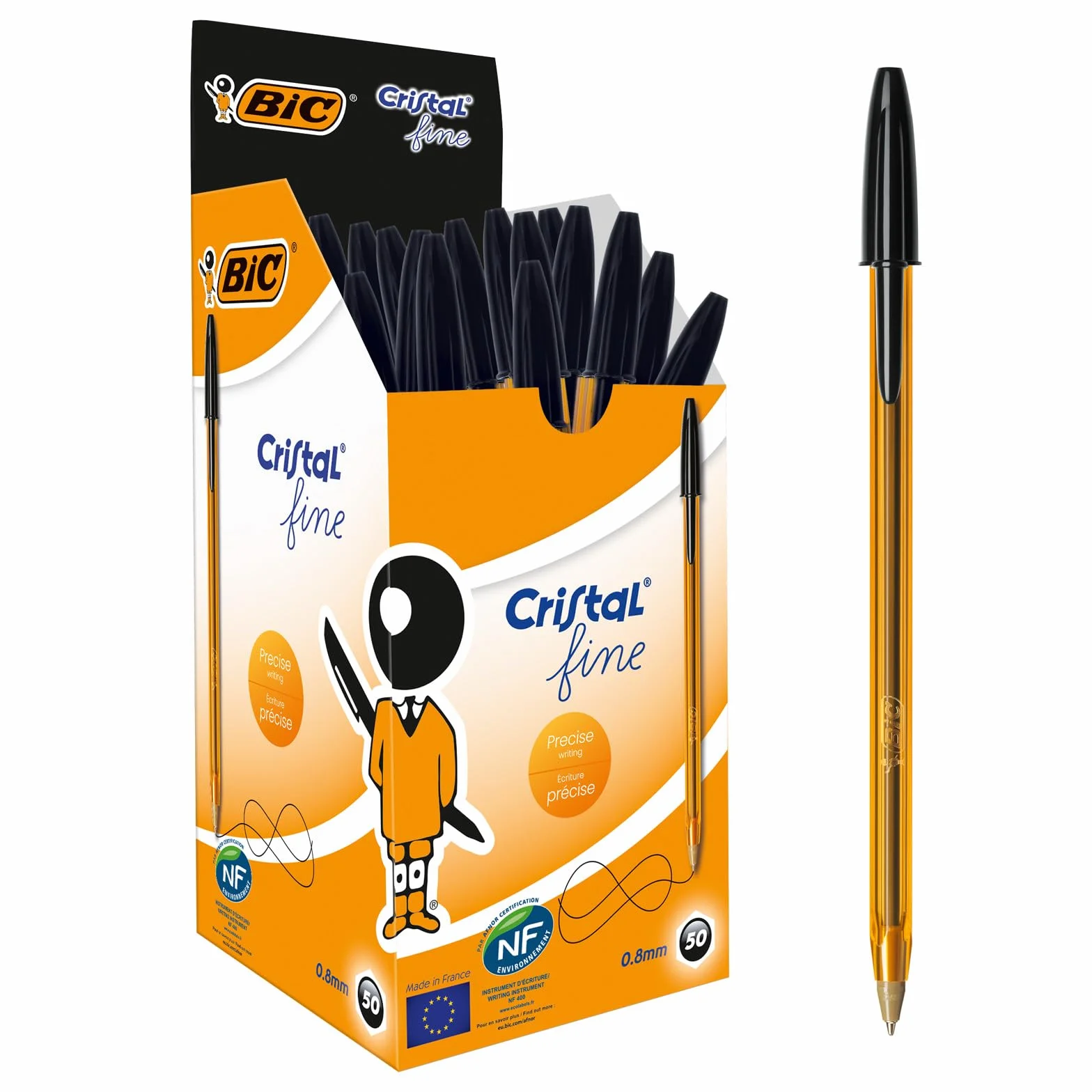 BIC Długopis Cristal fine – 50 długopisów w kolorze czarnym – grubość kreski: 0,35 mm/średnica kulki: 0,8 mm – drobny – nadaje się do dokumentów