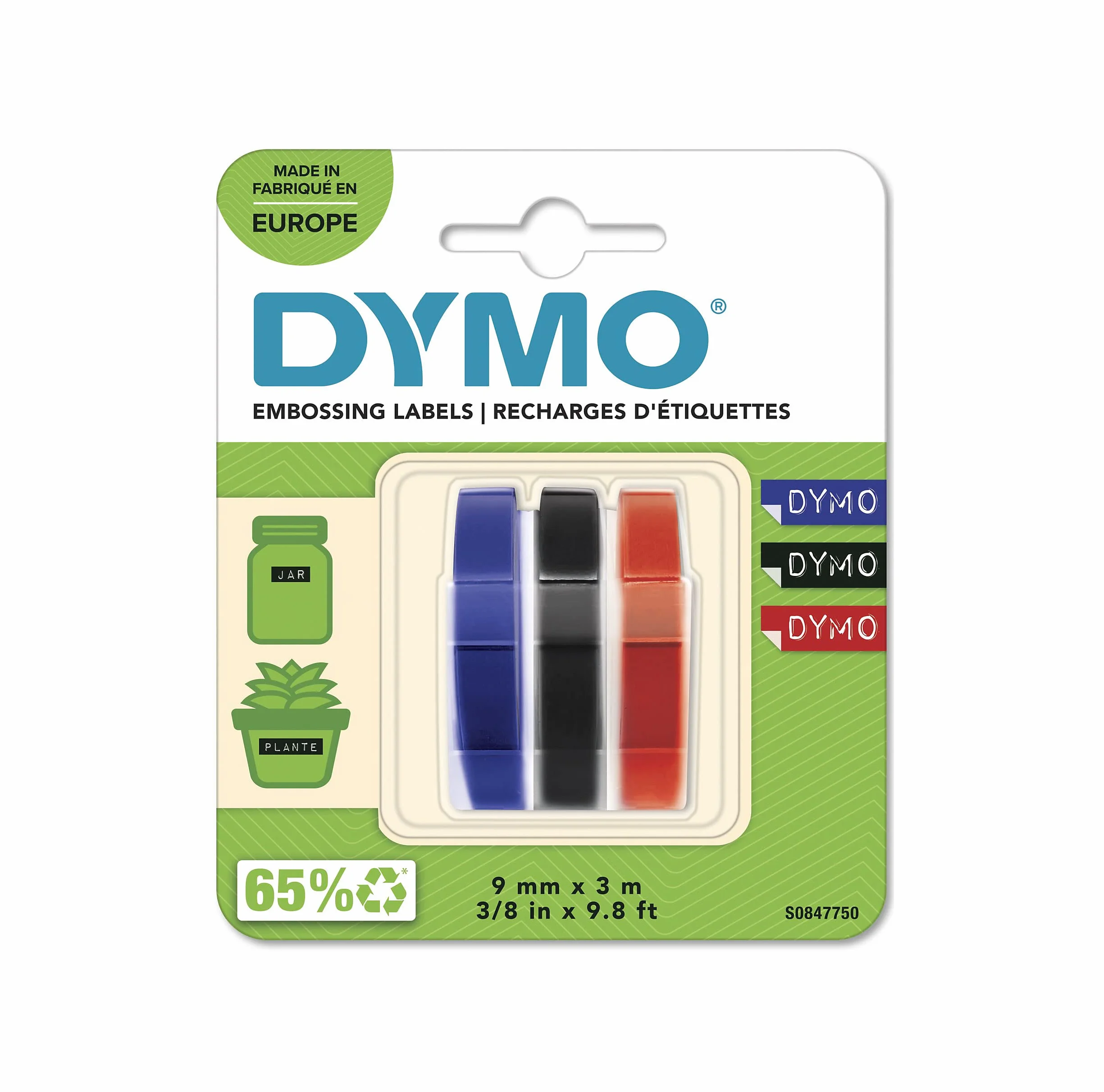 DYMO Oryginalna taśma do wytłaczania | 3D czarna | niebieska, czerwona i czarna | 9 mm x 3 m | samoprzylepna taśma do etykiet z tworzywa sztucznego | do urządzeń do etykiet Junior i Omega, 3 sztuki