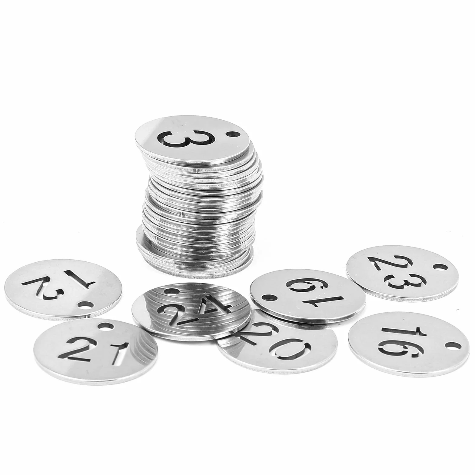 30 sztuk metalowych breloczków do kluczy, 1-30 numerowanych okrągłych zawieszek ze stali nierdzewnej z pierścieniem, do szafek, hoteli, szkół i bagażu (średnica 24 mm)