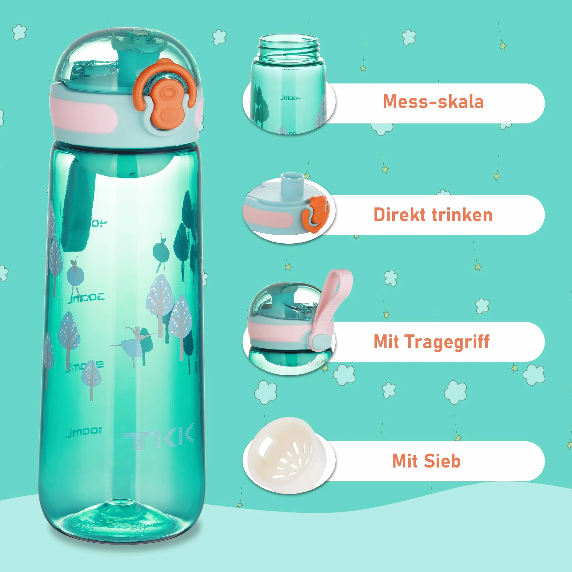 TITIROBA TKK butelka dla dzieci z szczelną pokrywką, tritan, bez BPA, obsługiwana jedną ręką, kolor niebieski, 500 ml