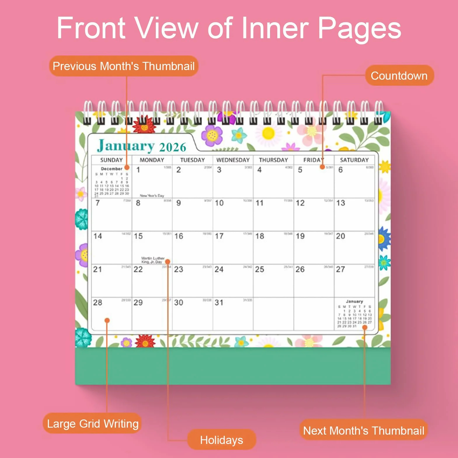 Monthly Planner 2026 Desk Calendar Paper Metal Construction Weekly Daily Notes Compact Appointment Organizer Home Office Classroom