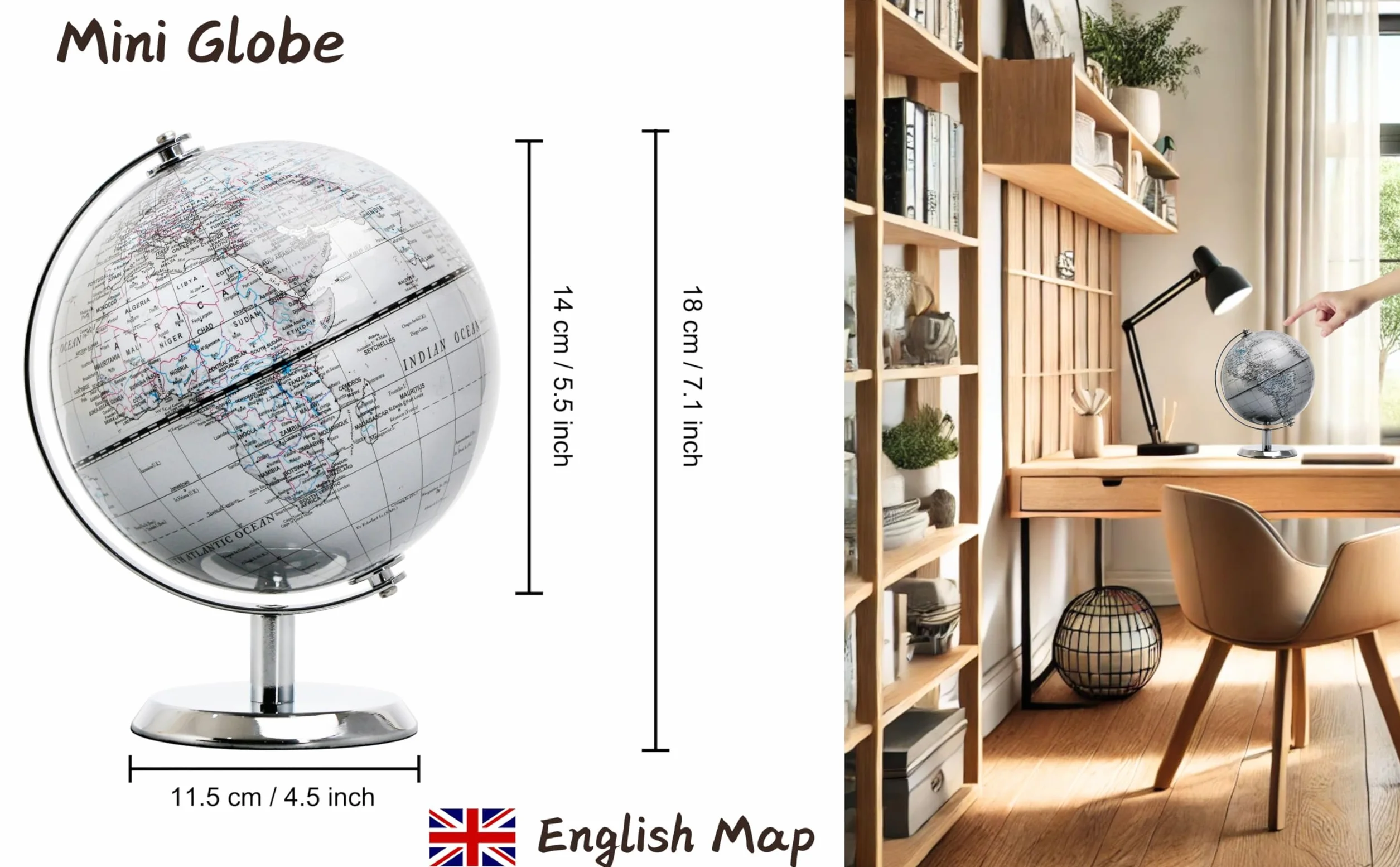 Globus świata srebrny 14 cm mini edukacyjny geograficzny dekoracja biurka stal nierdzewna srebrnoszary