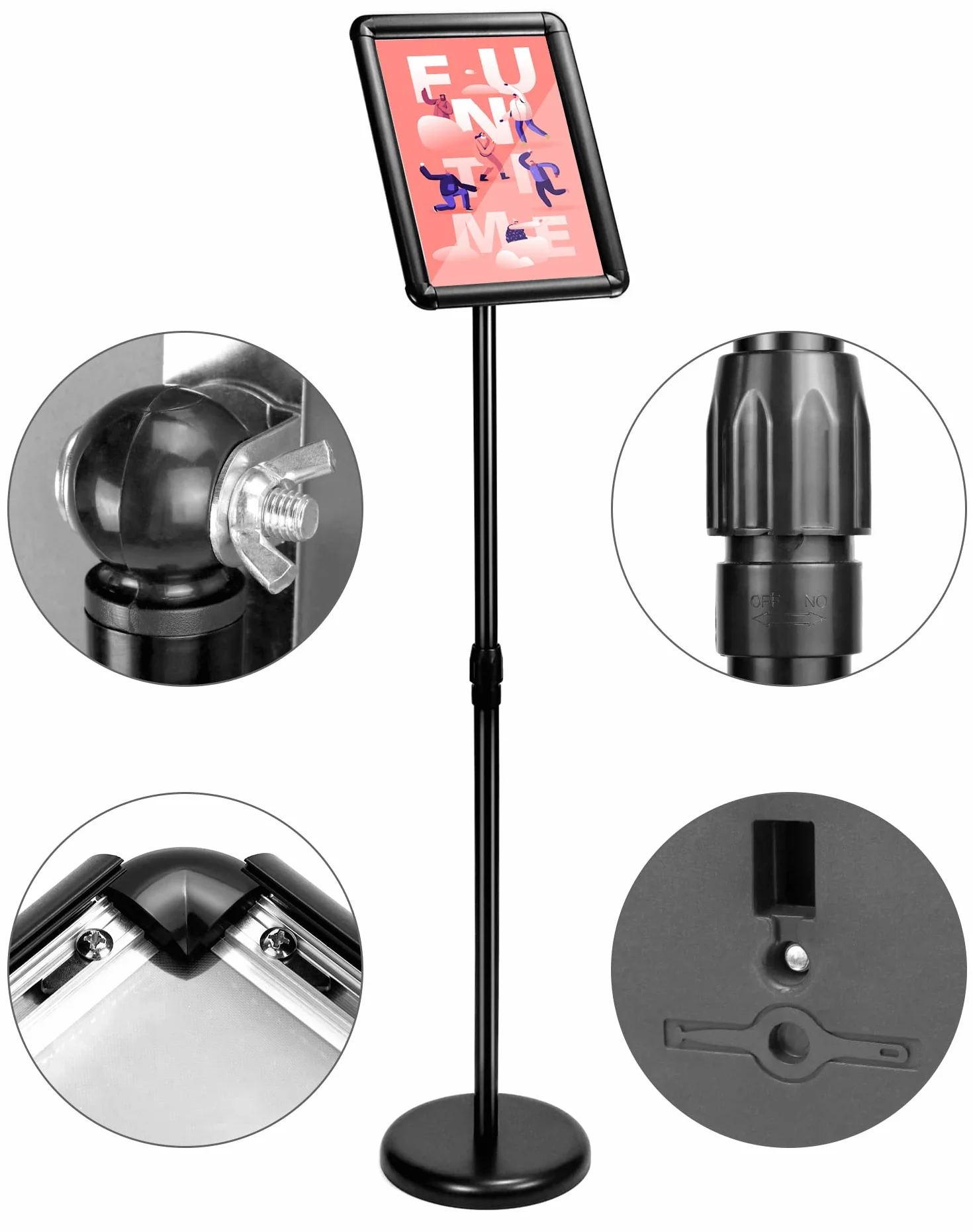 QWORK Stojak informacyjny A4 Aluminiowy Obrót 360° Regulacja wysokości 75-120 cm Czarny
