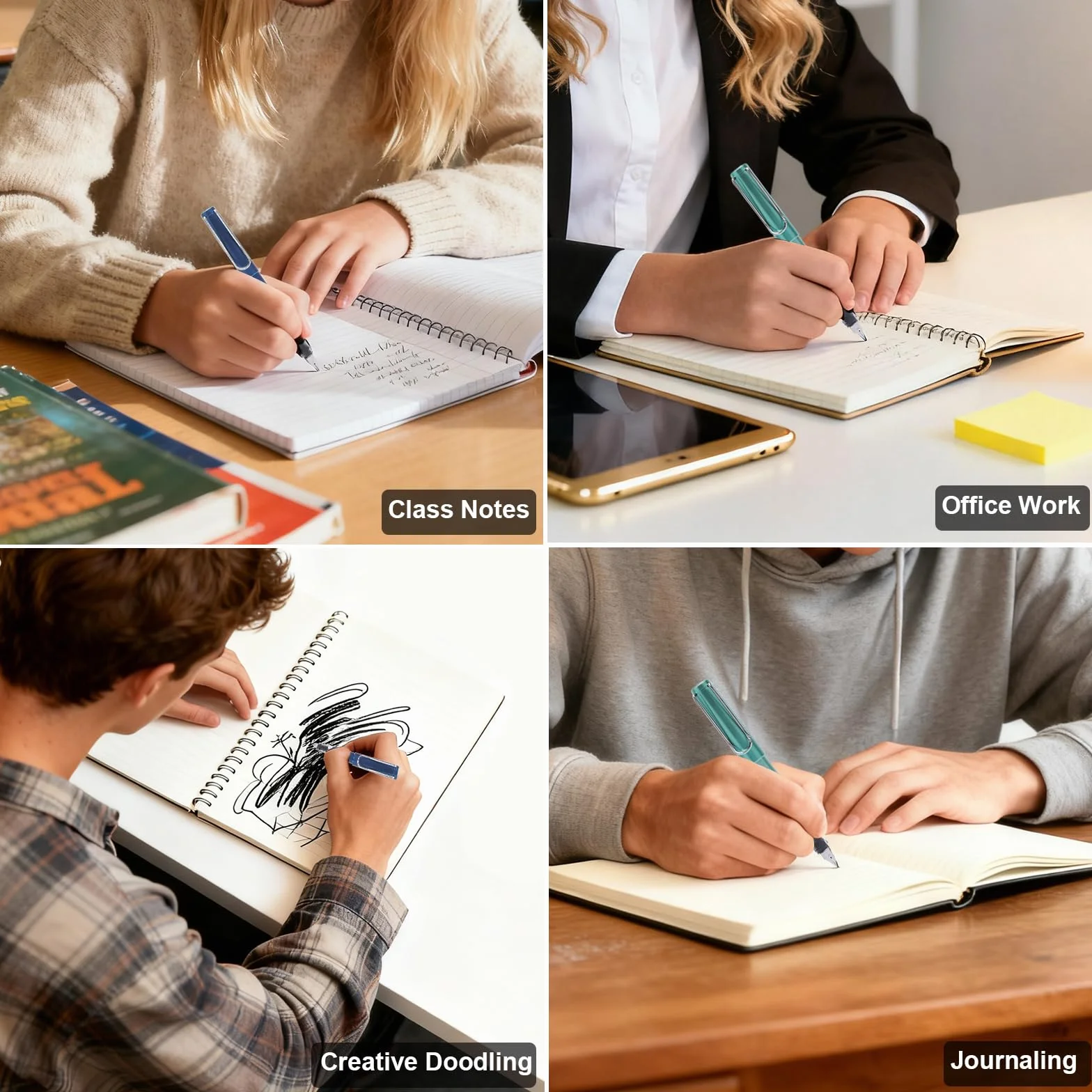 Pióro wieczne, wytrzymałe, 2 pióra wieczne, zestaw zawiera 4 wkłady atramentowe i 2 konwertery do napełniania tuszem dla osób praworęcznych, ergonomiczny uchwyt, z otworem 3,4 mm