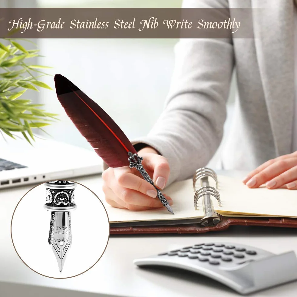 Quill Pen antike Kalligraphie Feder handgemachte Feder und Tinte Set, calligraphy set für englische Schrift, Vintage Executive Briefpapier Geschenk mit Flasche Nib Bases (rot)